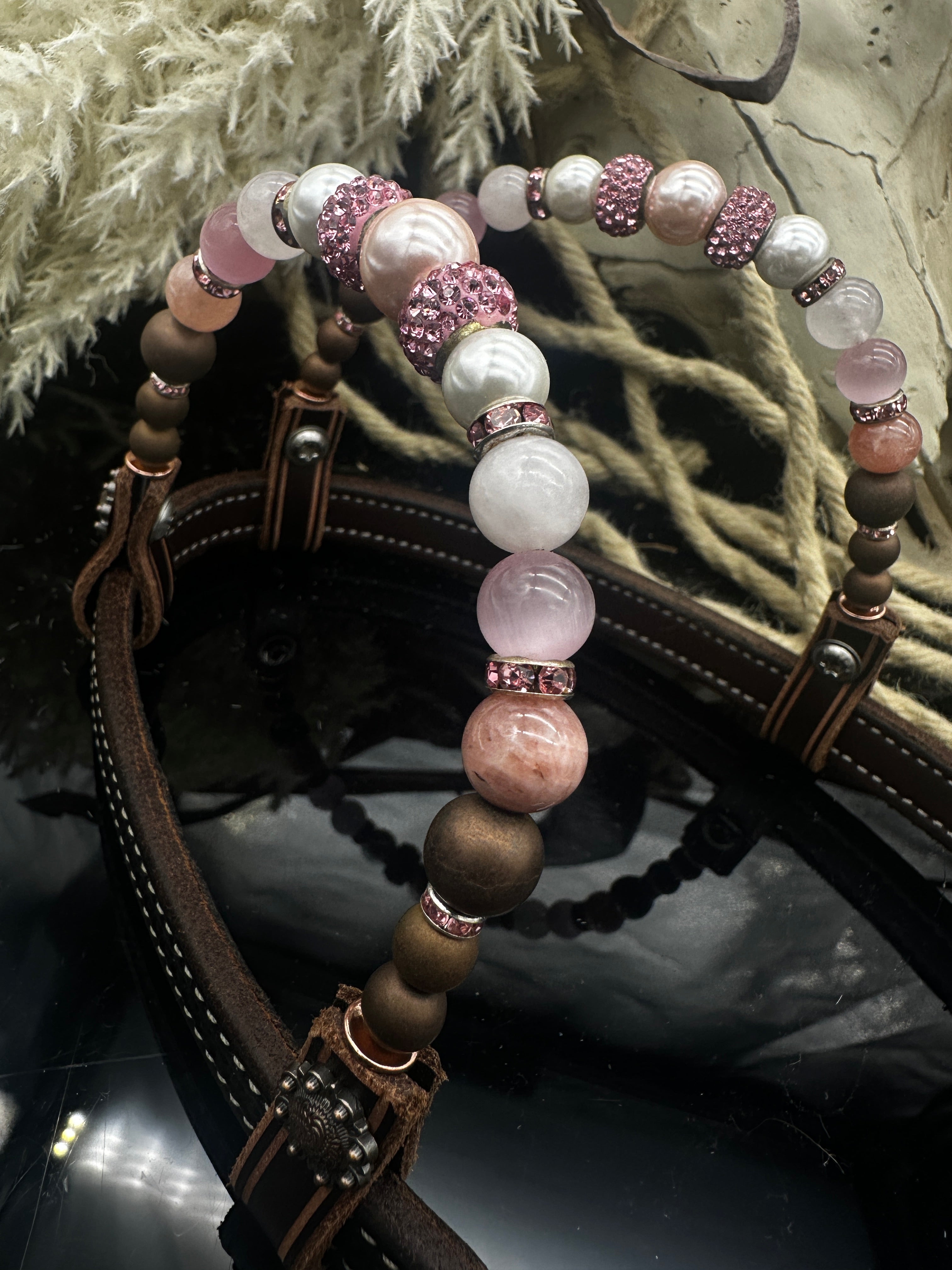 Premium | Dark Chestnut western Hoofdstel | Pink & Swarovski pearls