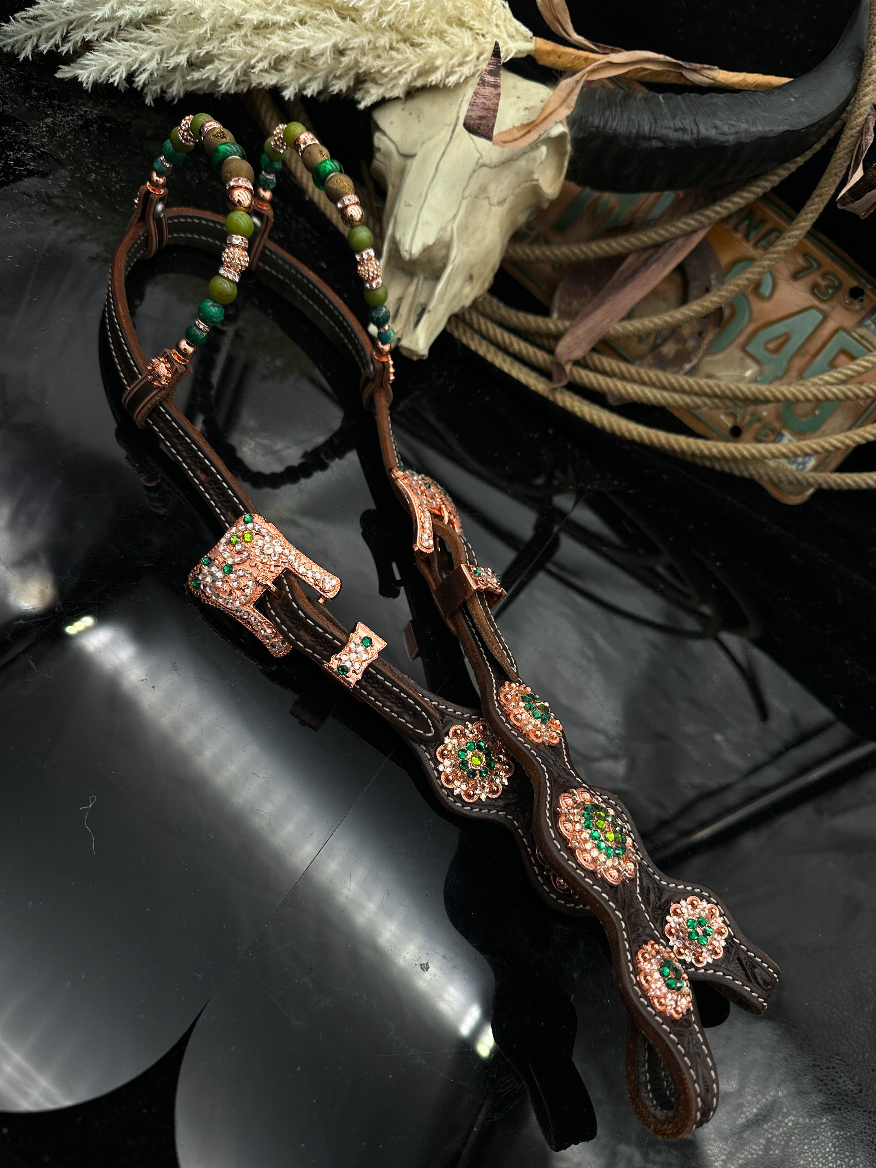 Sierra Sunset | Dark brown rose gold & green | Premium western Hoofdstel