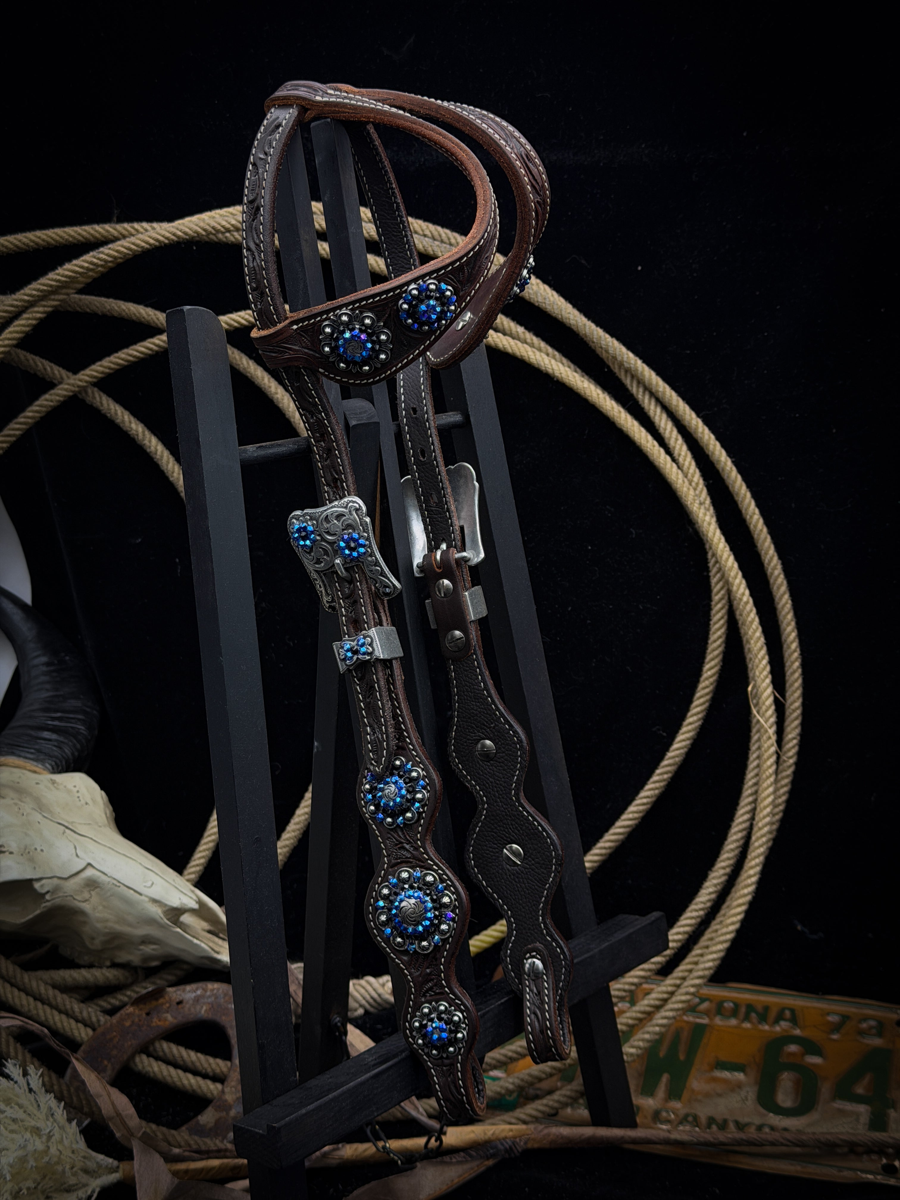 Premium | Westernhoofdstel | Dark Brown | Blue Steel Rebel