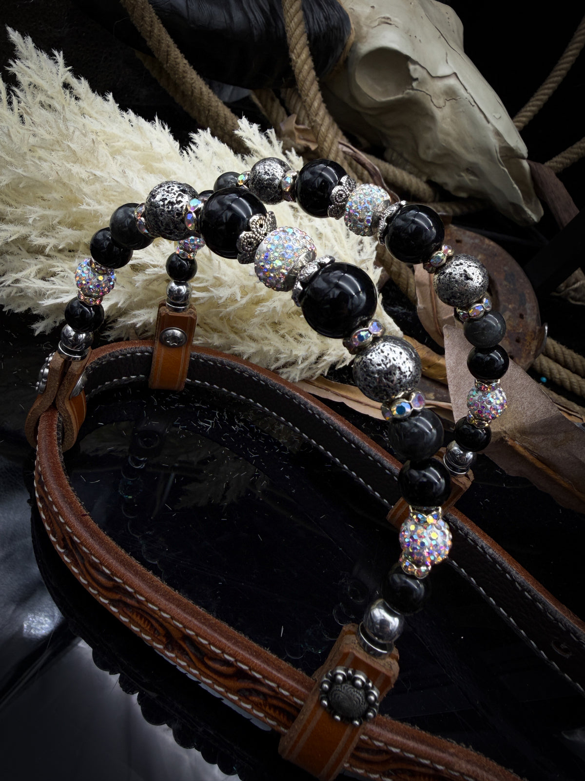 Premium | Labradoriet & Onyx | Antique Russet Western Hoofdstel