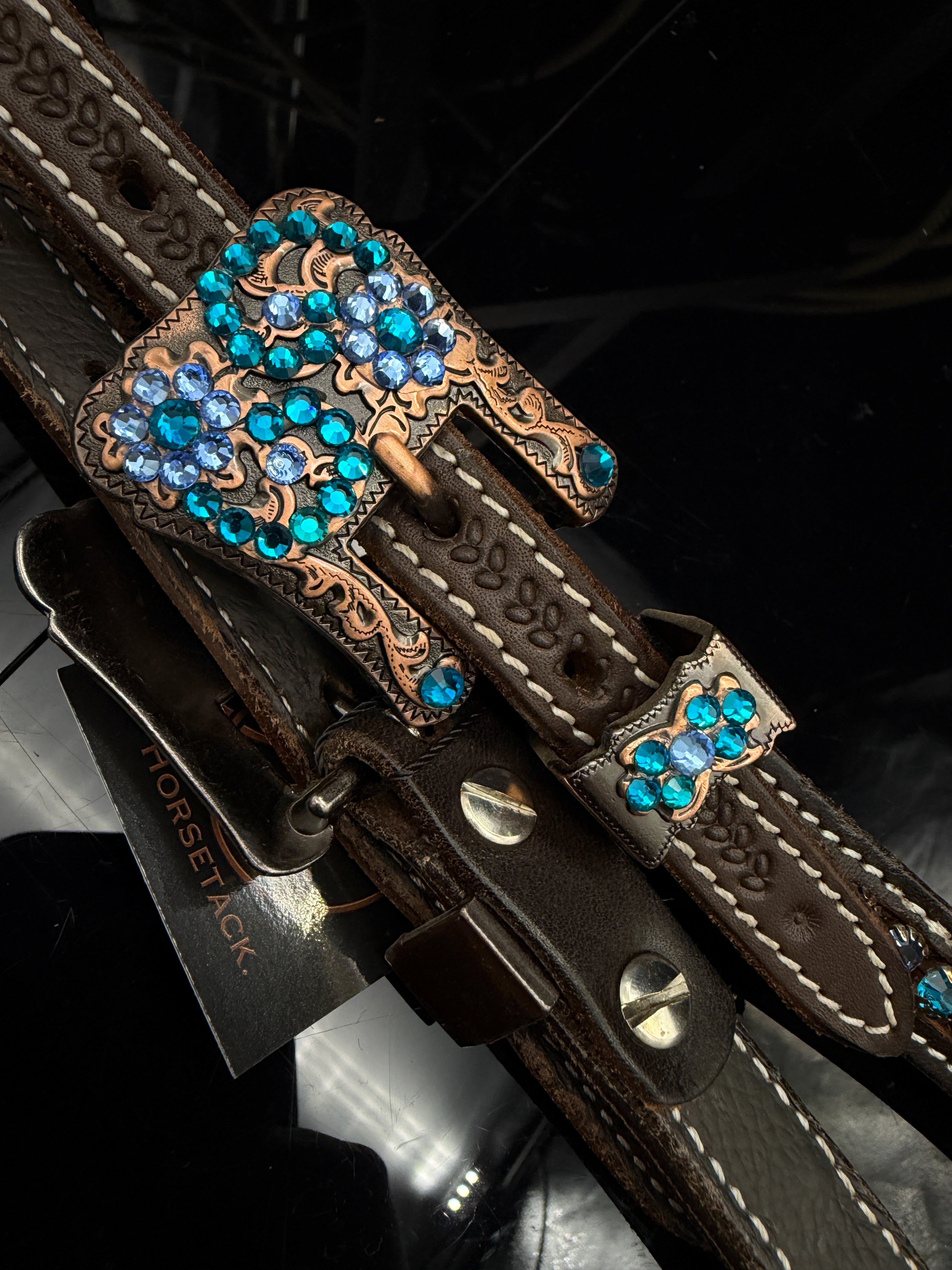 Premium | Perfect Turkoois & Bleu | Dark brown western hoofdstel