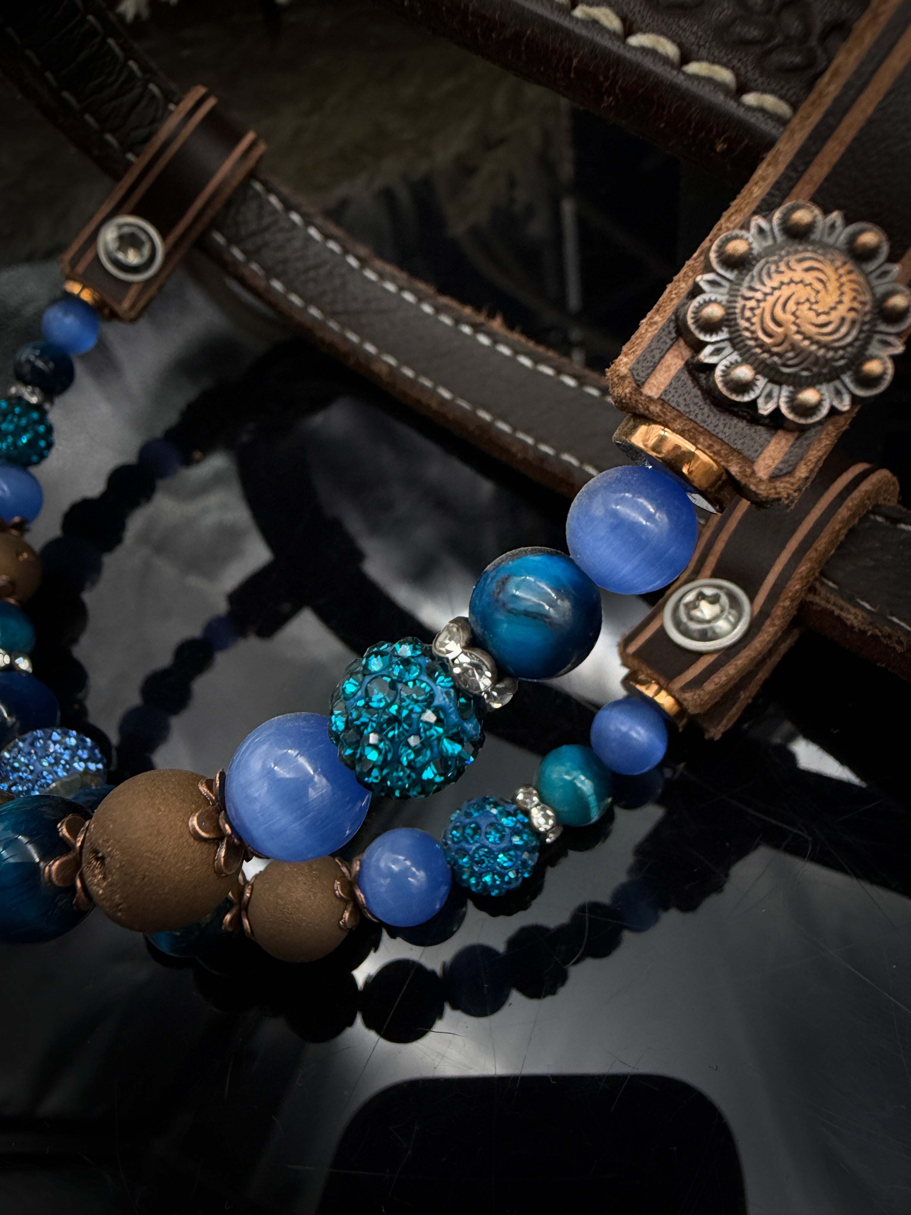 Premium | Perfect Turkoois & Bleu | Dark brown western hoofdstel