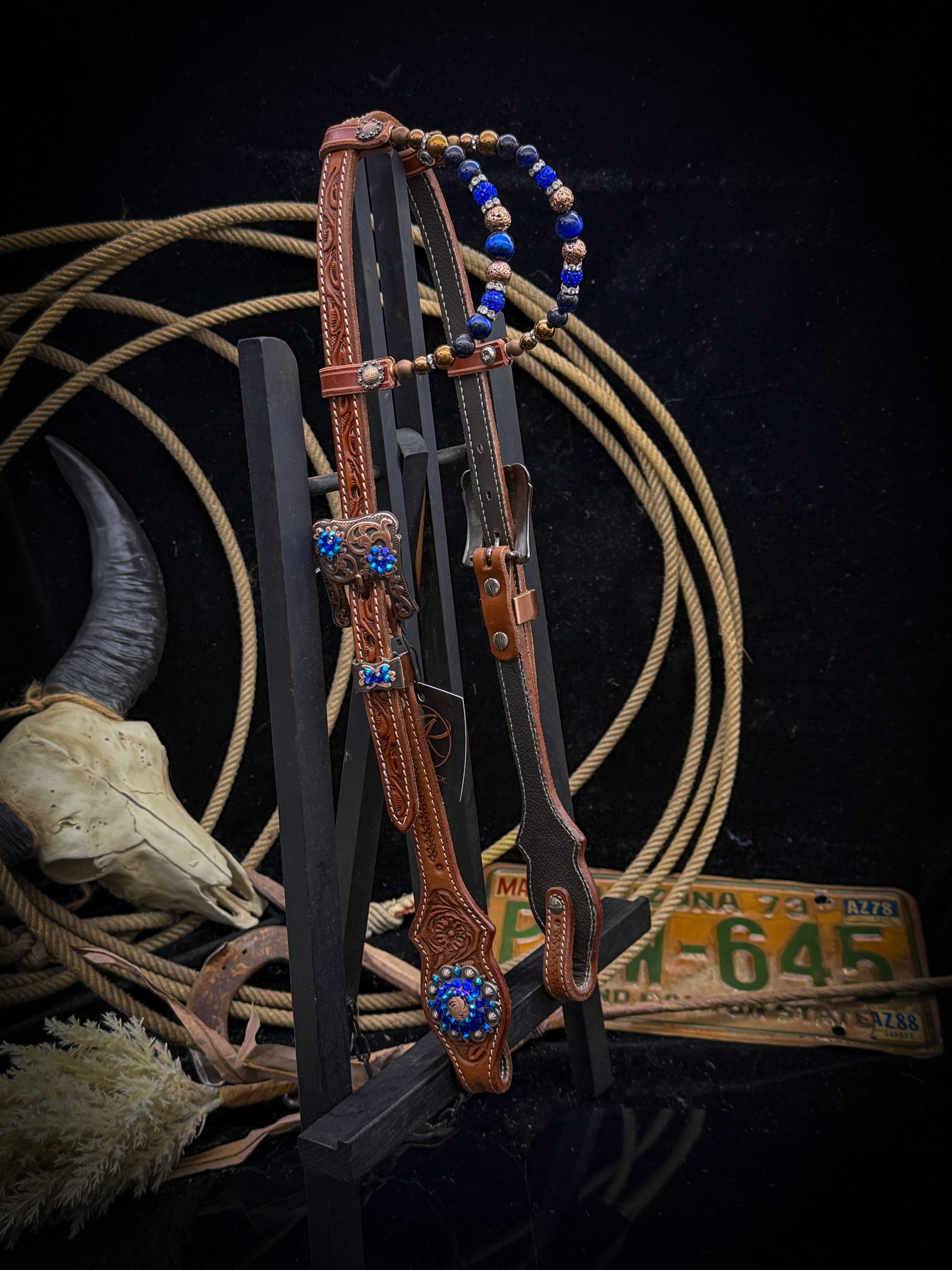 Premium | Chestnut flower tooled western hoofdstel | Copper & Blue