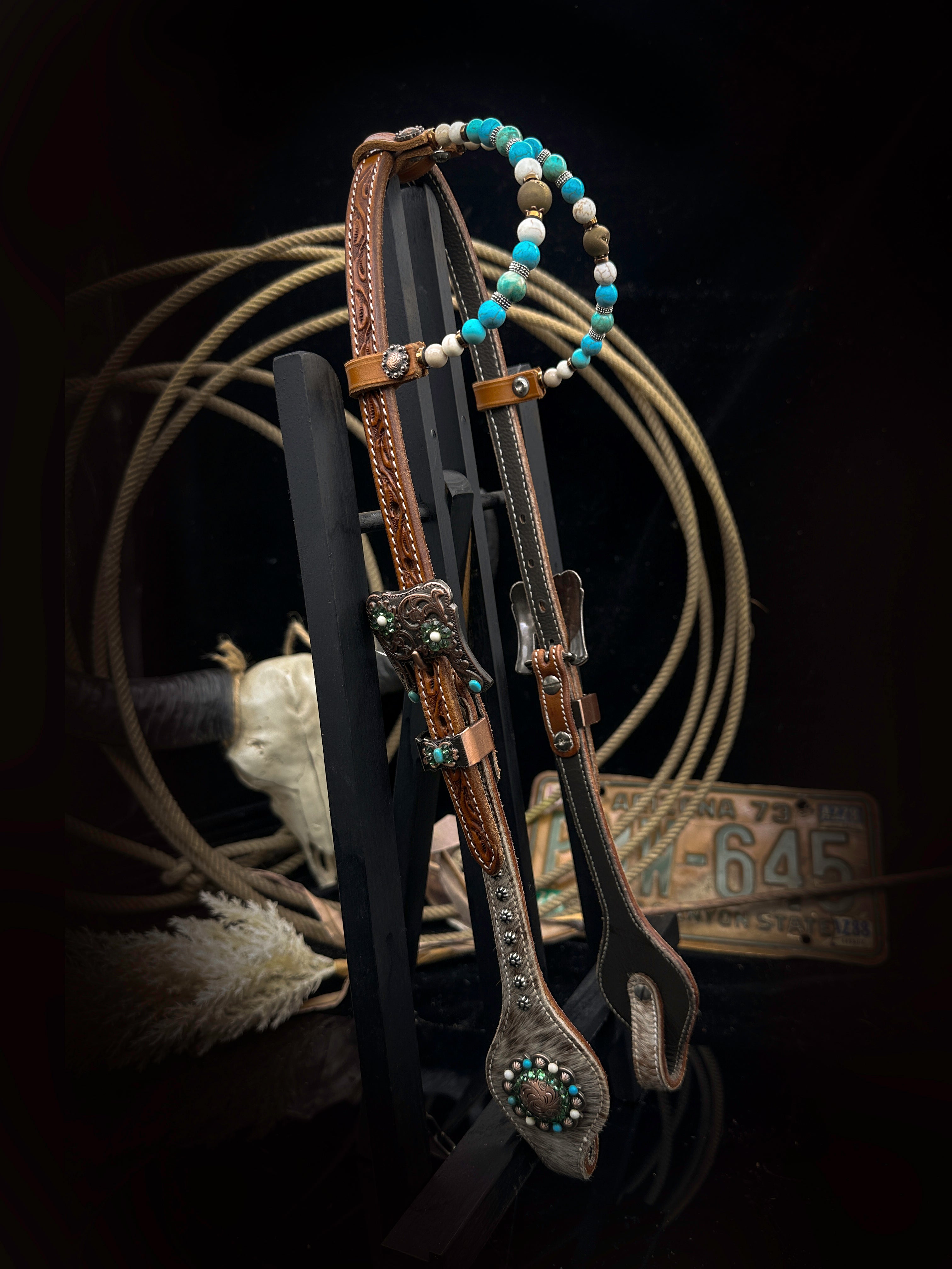 Premium | Antiek Chestnut western hoofdstel | Turkoois