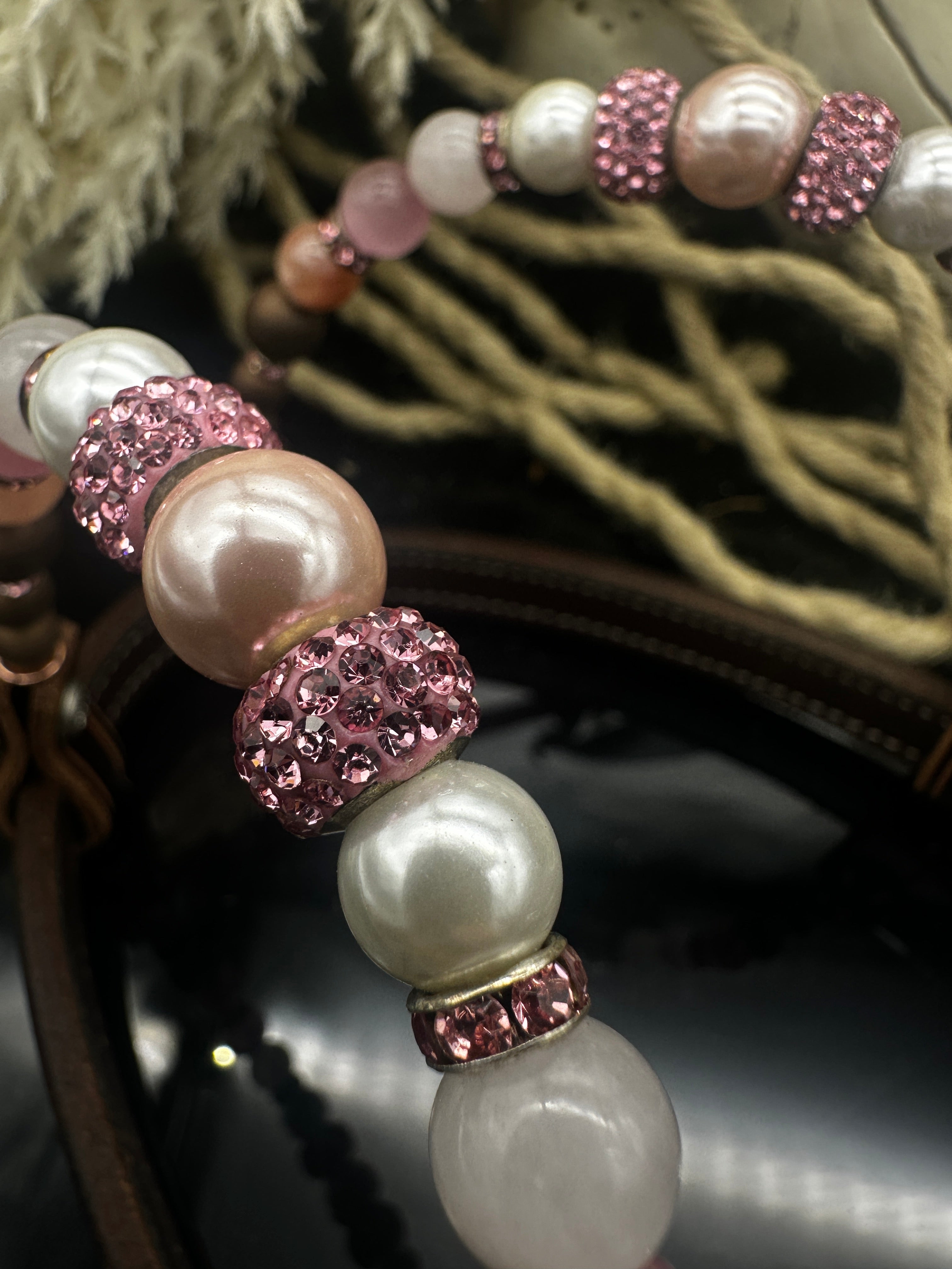 Premium | Dark Chestnut western Hoofdstel | Pink & Swarovski pearls