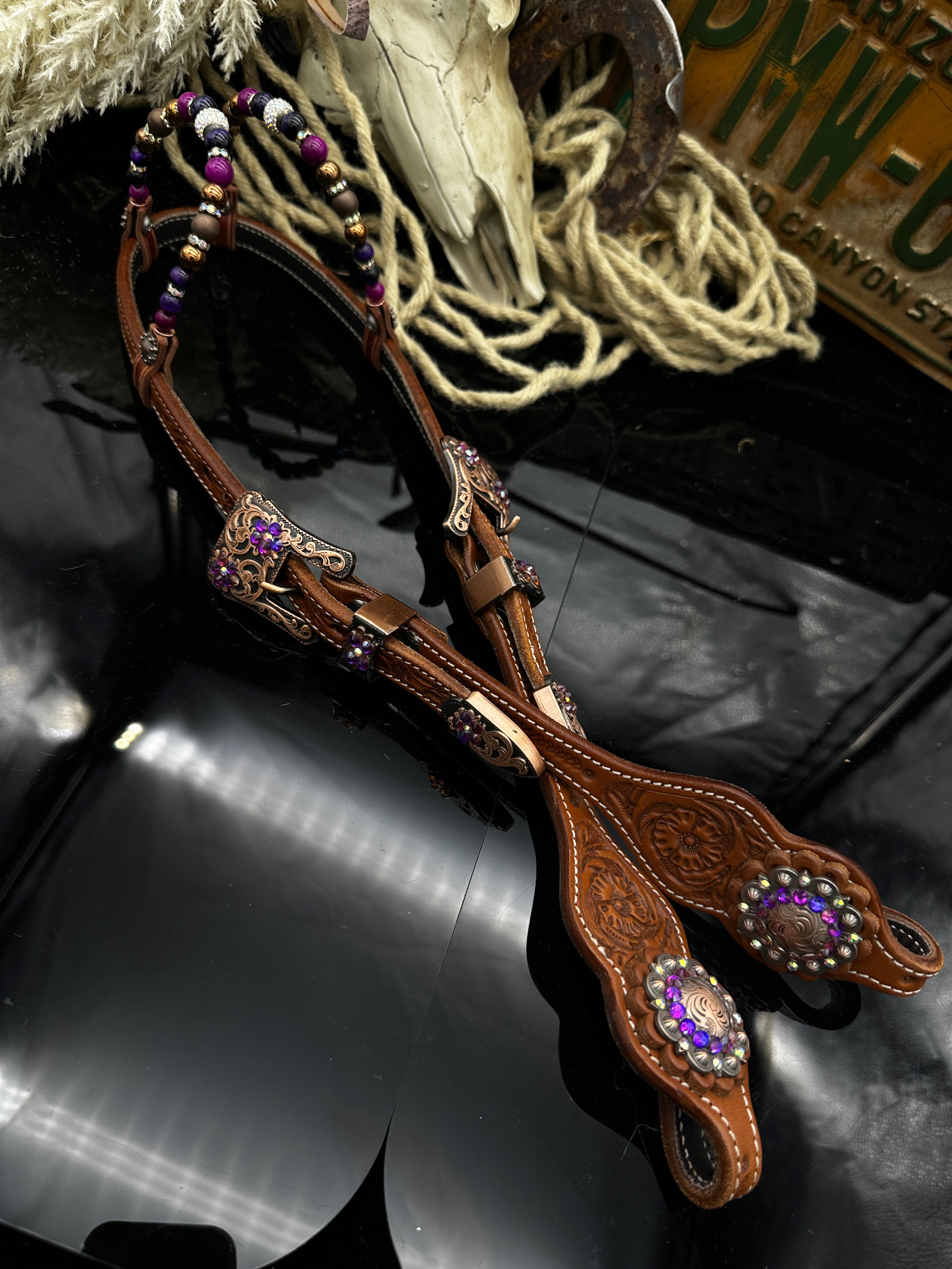 Premium | Chestnut western Hoofdstel | Pink & Purple
