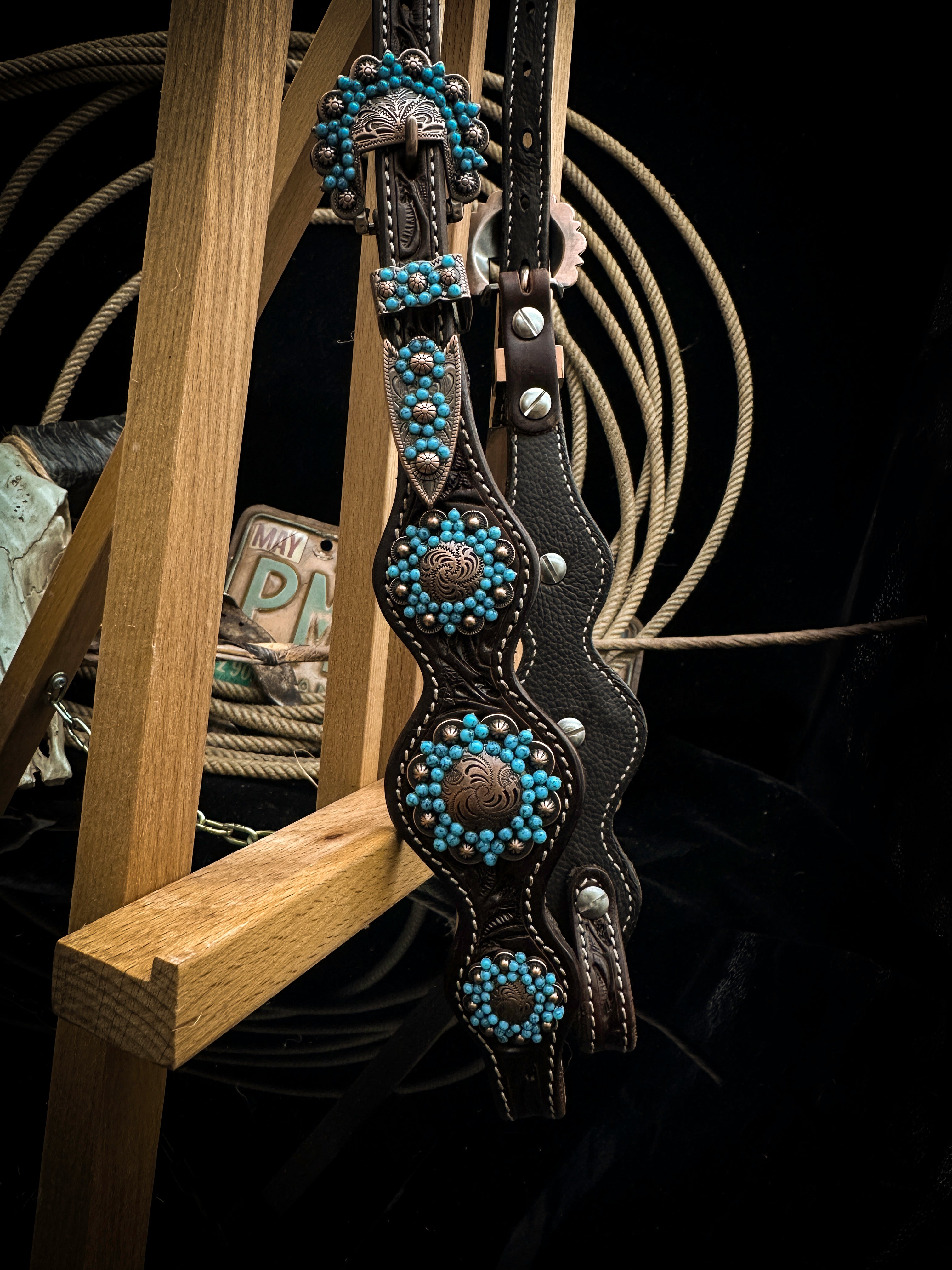 Premium | Dark borwn western hoofdstel | Turkoois