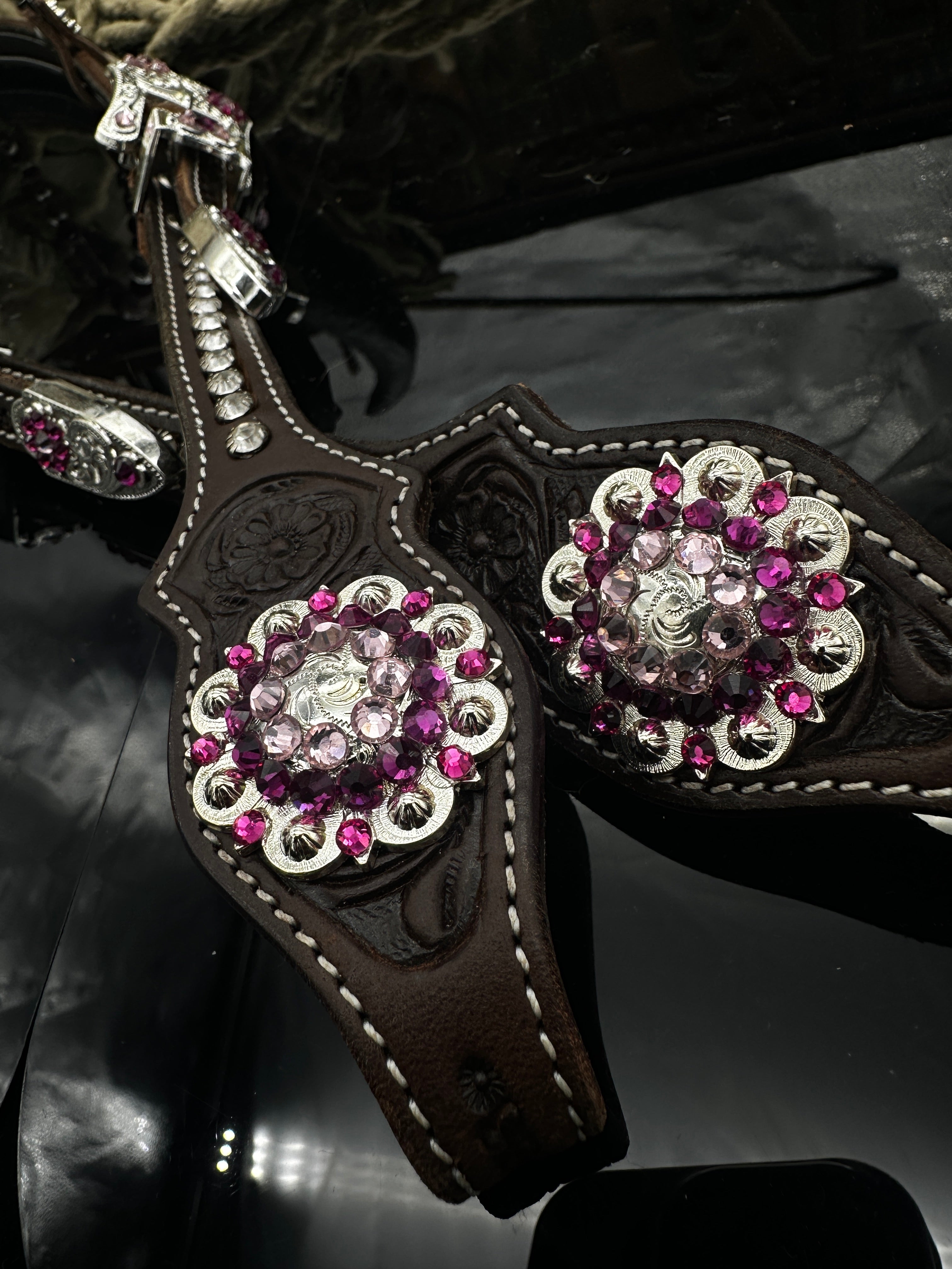 Premium | dark brown floral western  hoofdstel | Silver & pink