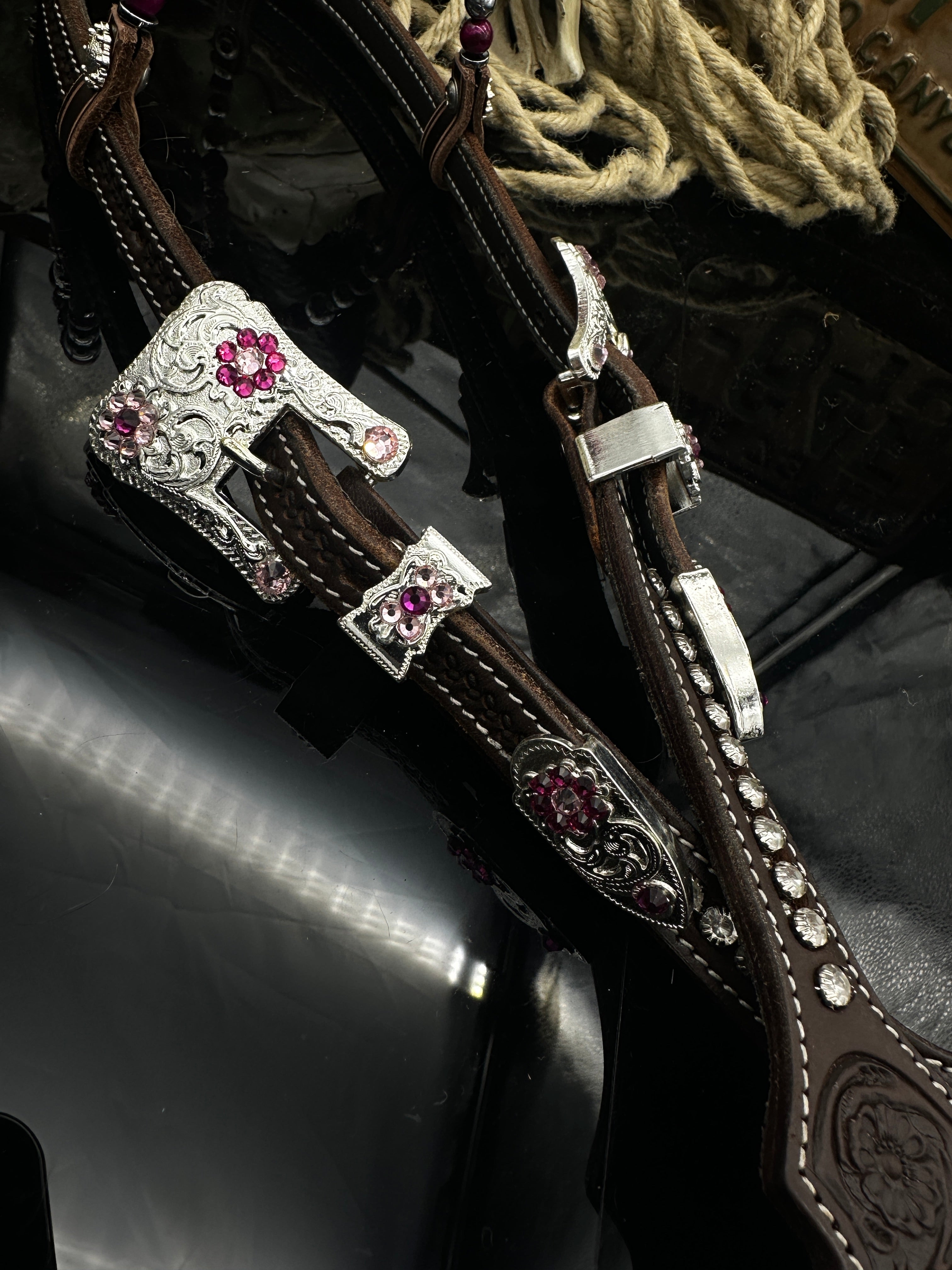 Premium | dark brown floral western  hoofdstel | Silver & pink