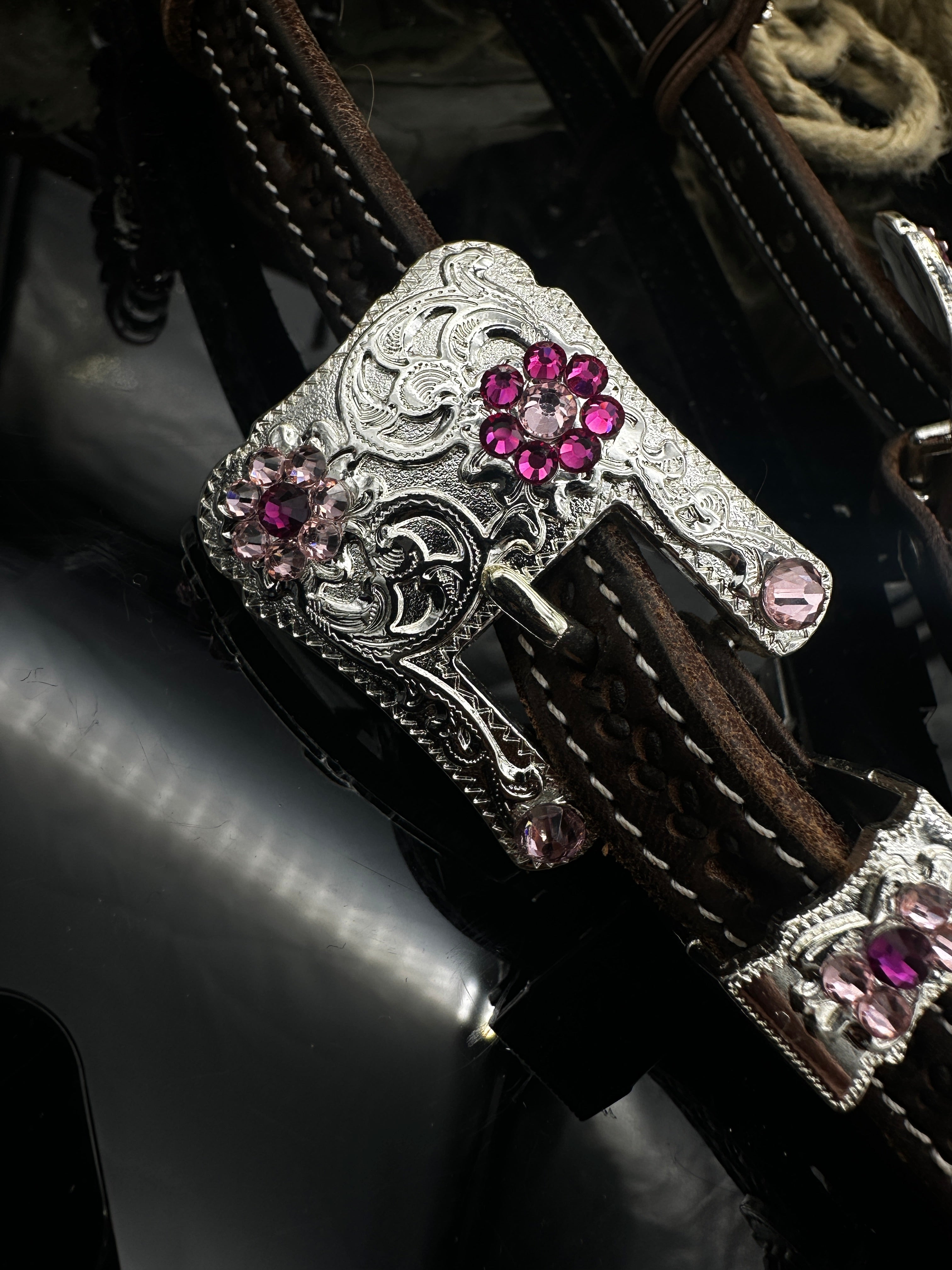 Premium | dark brown floral western  hoofdstel | Silver & pink