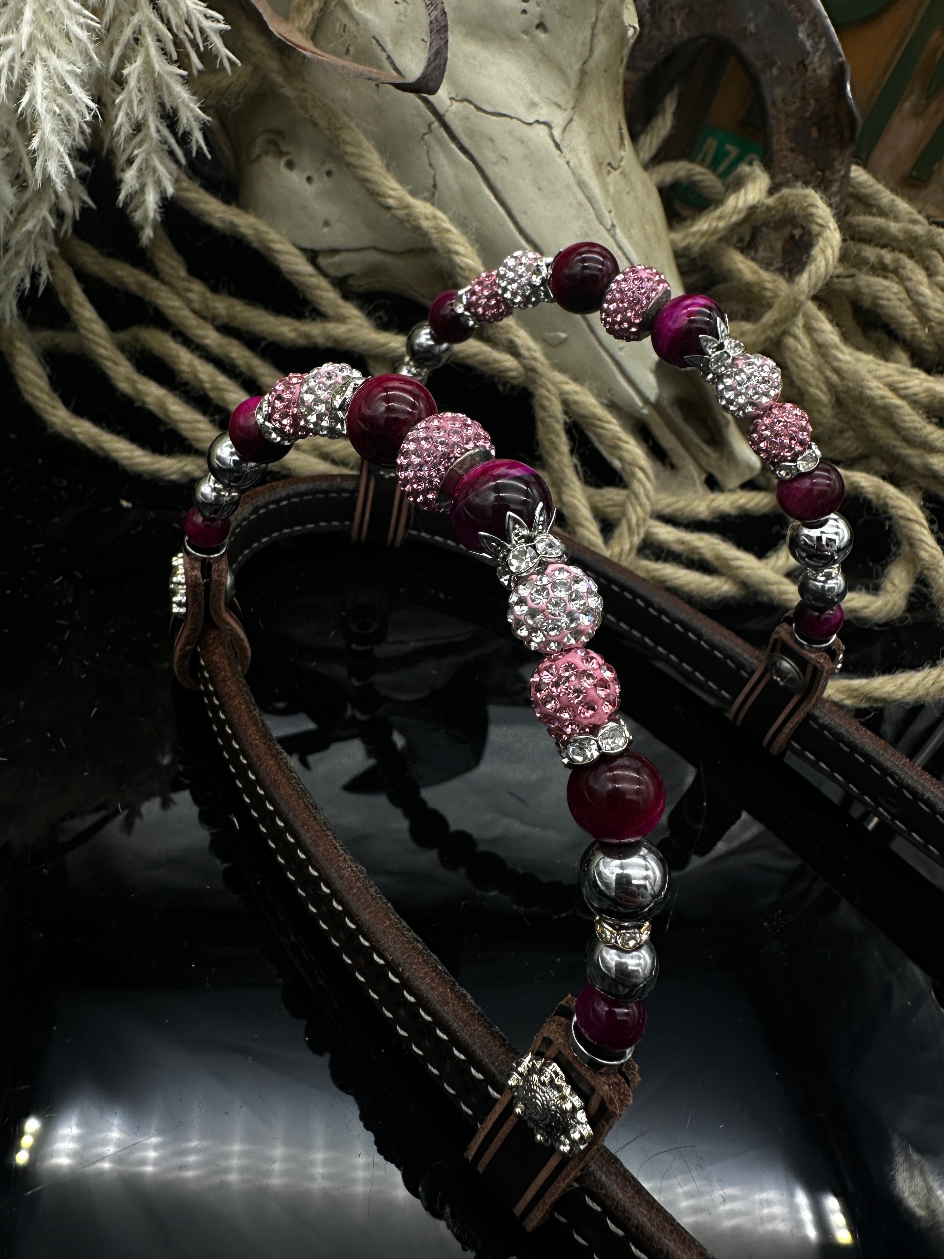 Premium | dark brown floral western  hoofdstel | Silver & pink