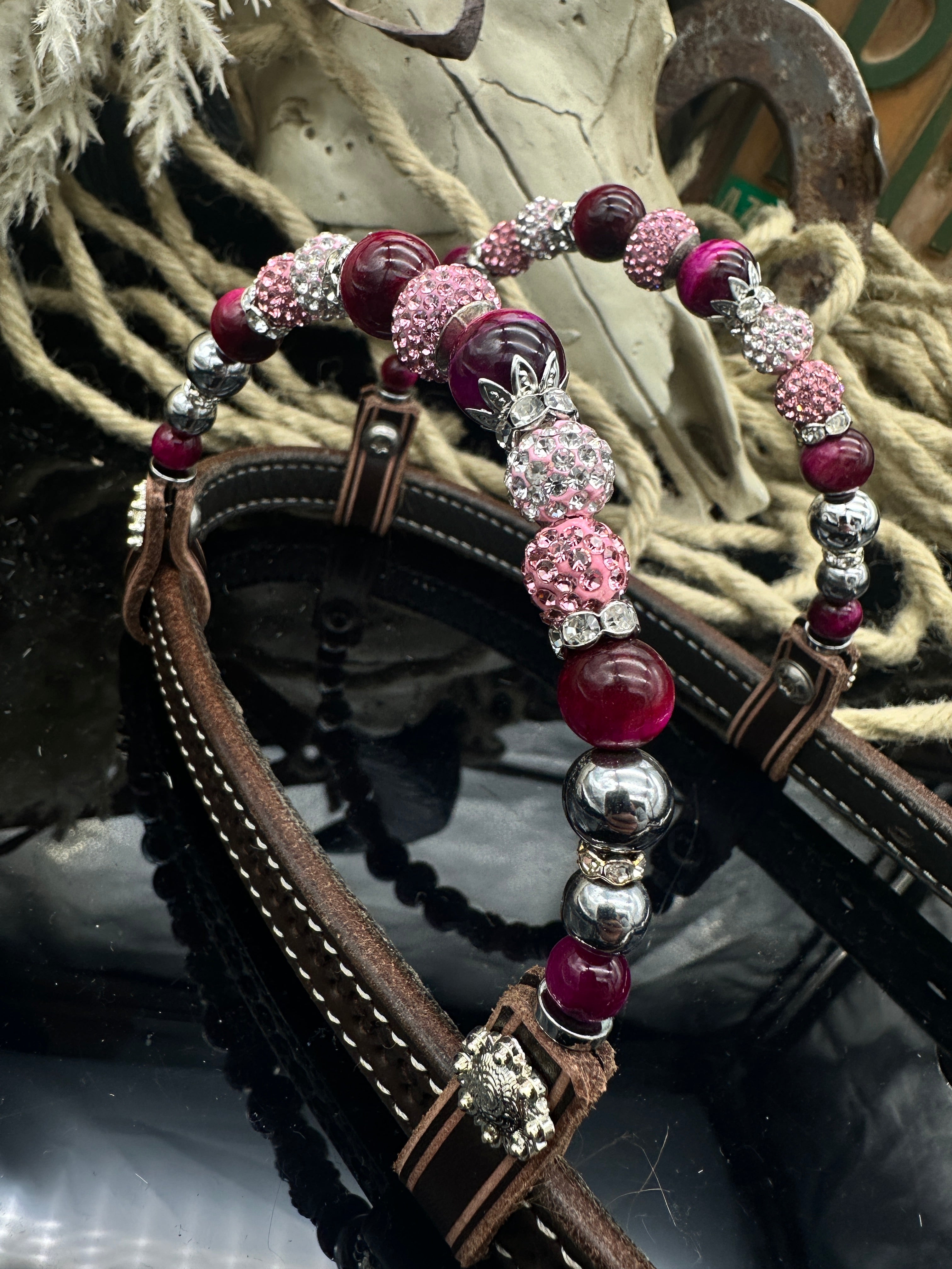 Premium | dark brown floral western  hoofdstel | Silver & pink