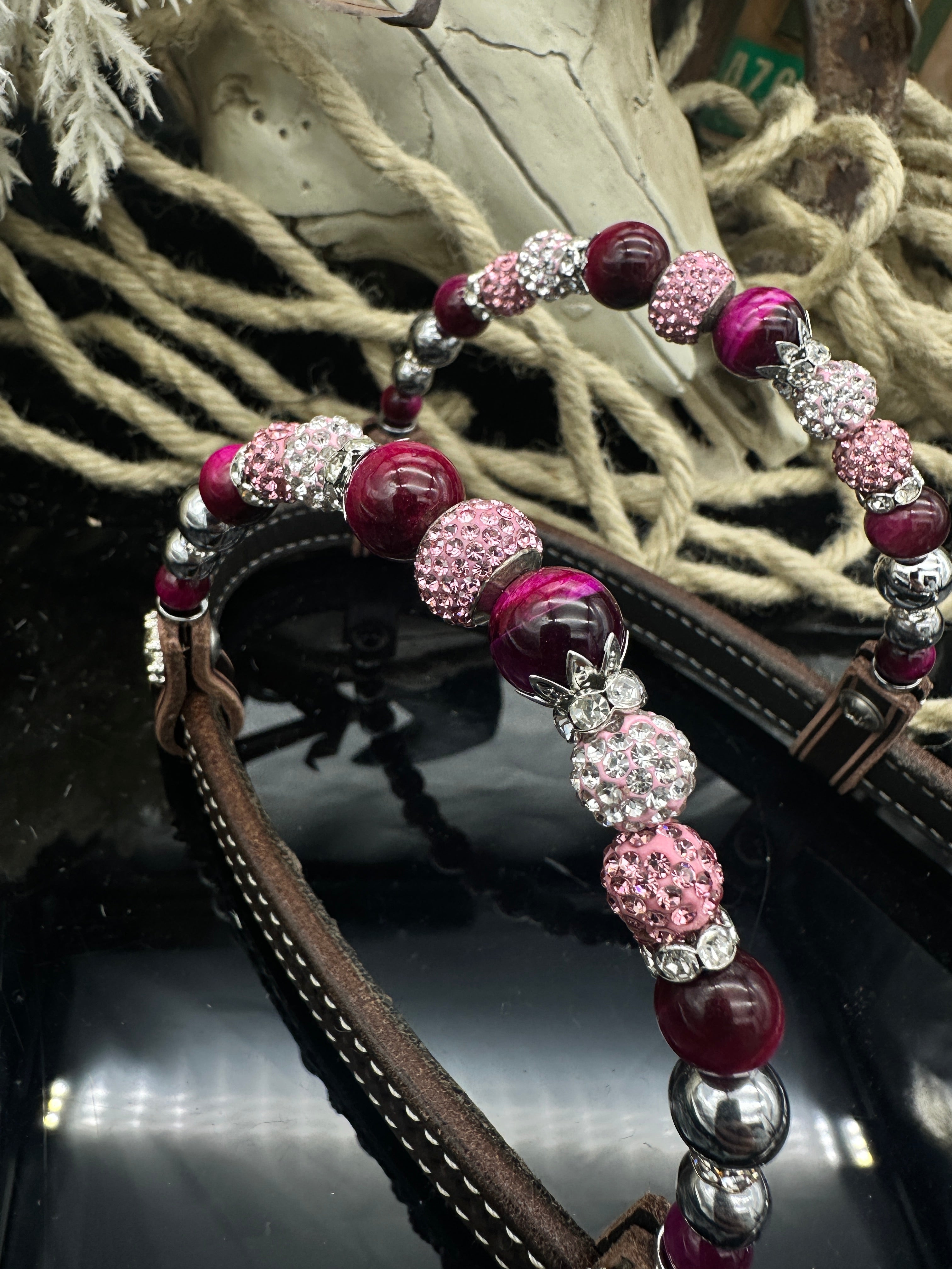 Premium | dark brown floral western  hoofdstel | Silver & pink