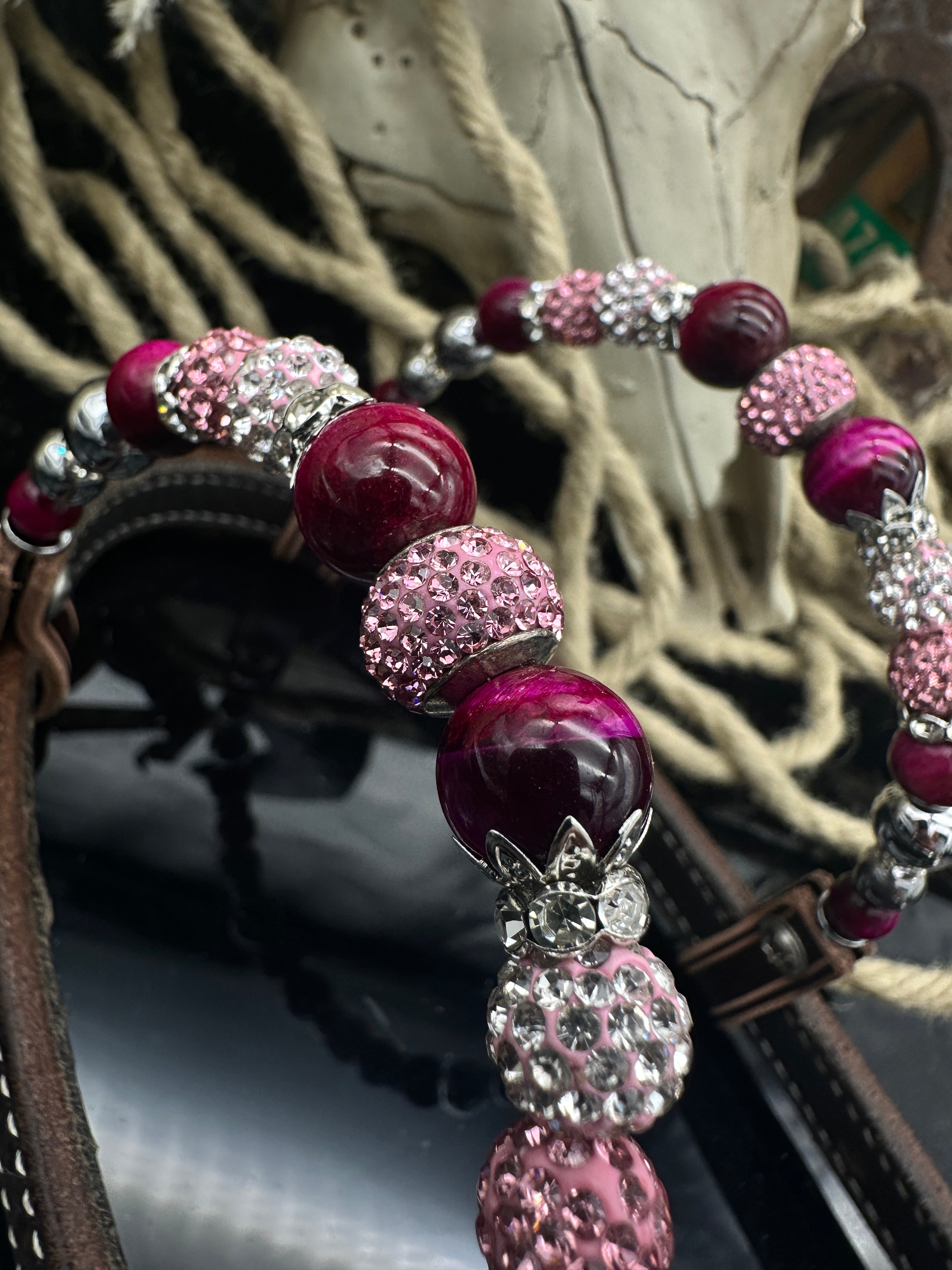 Premium | dark brown floral western  hoofdstel | Silver & pink