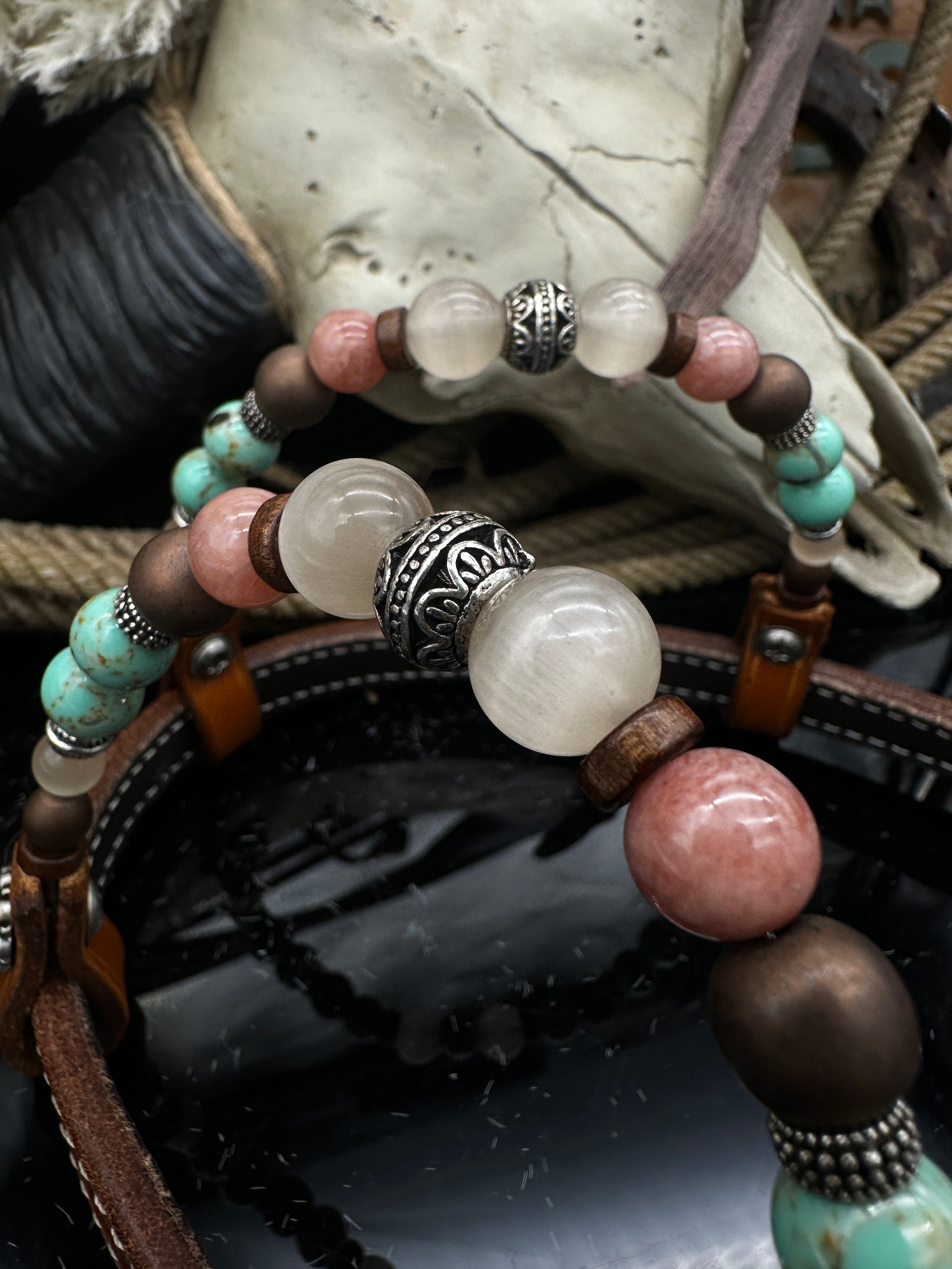 Premium | Floral tooled western Hoofdstel | Antique silver & Turquoise