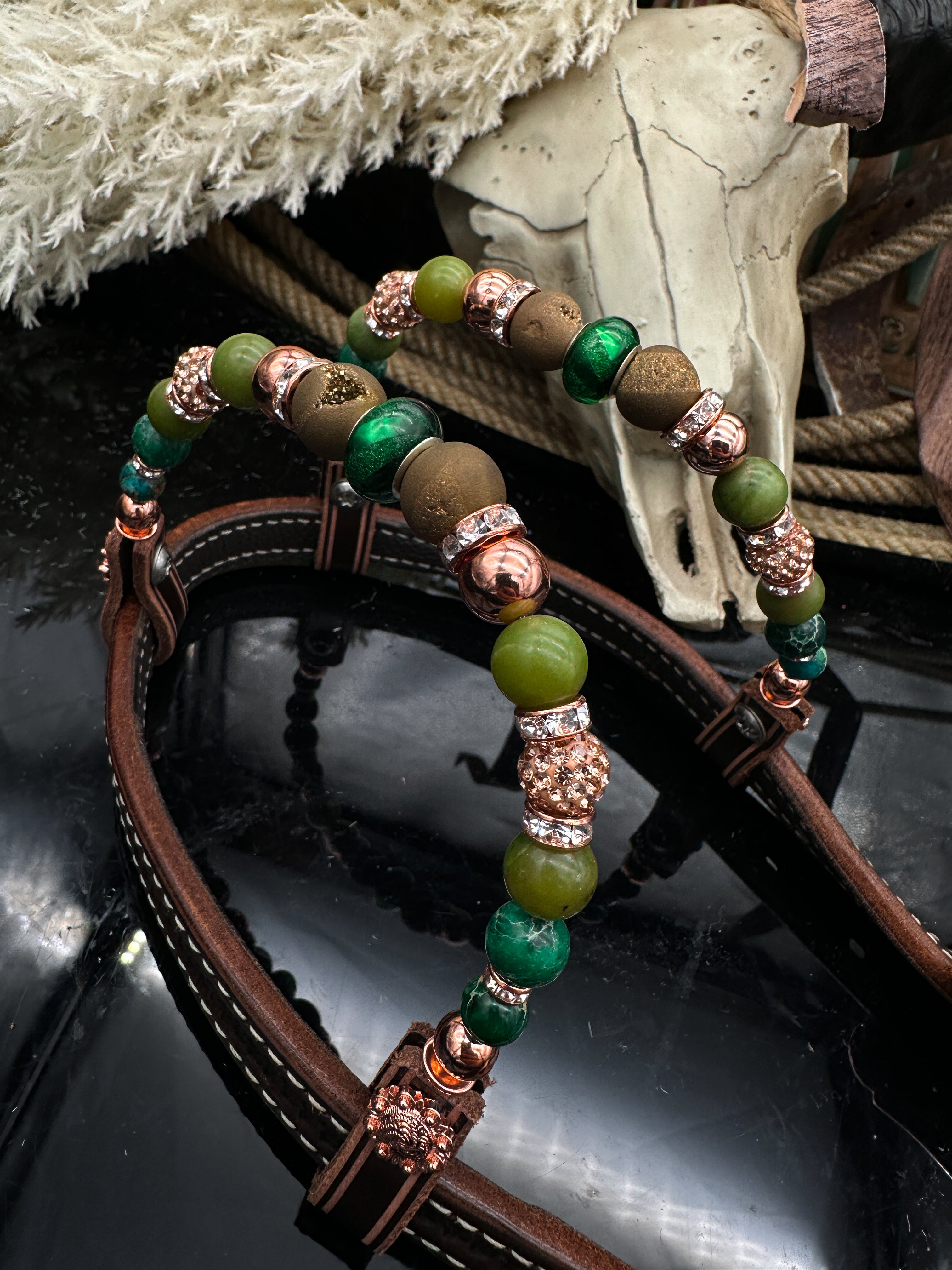 Sierra Sunset | Premium western Hoofdstel | Dark brown rose gold & green