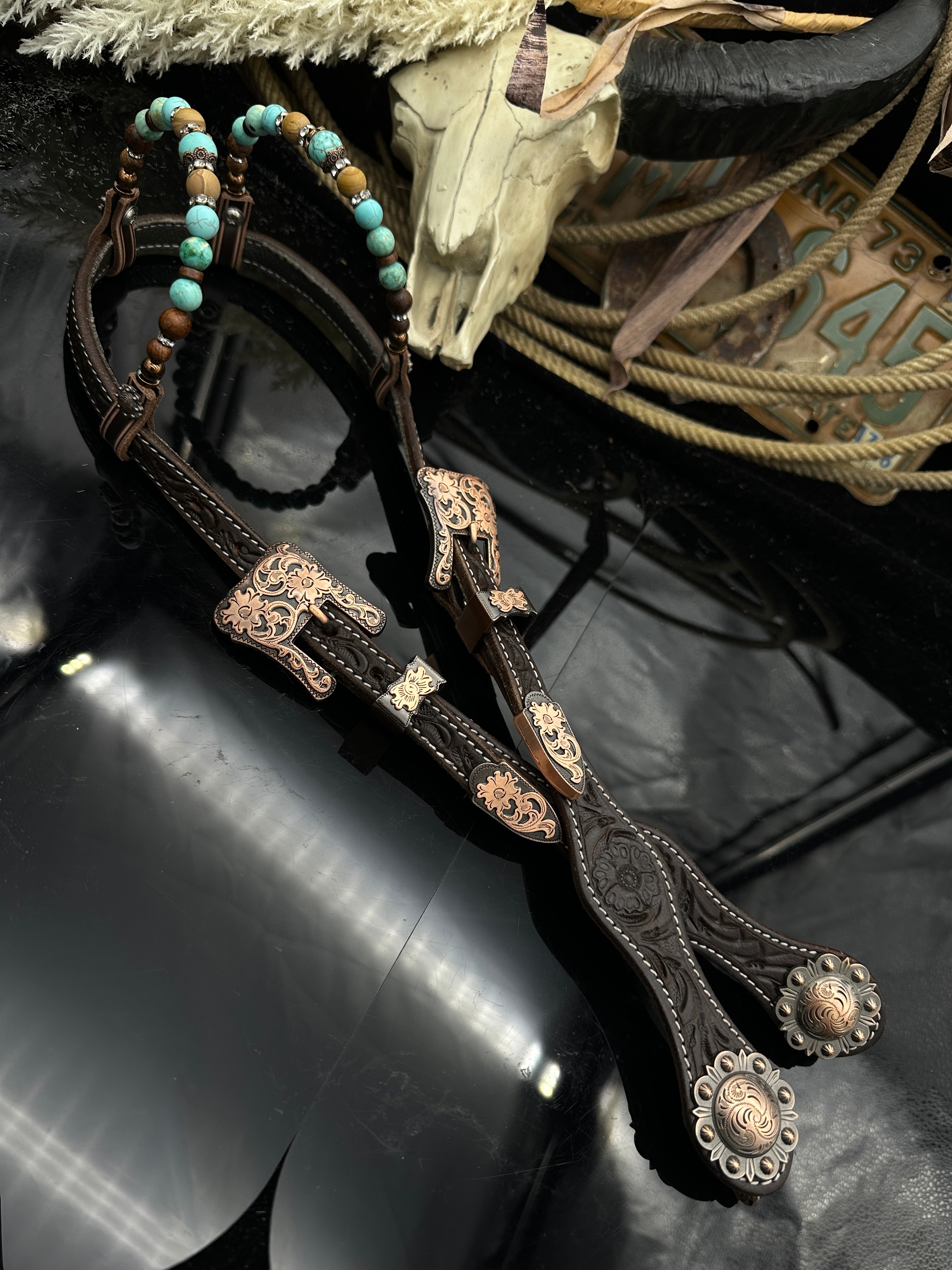 Premium | Sand & Turqoiuse   |  Dark Chestnut western hoofdstel