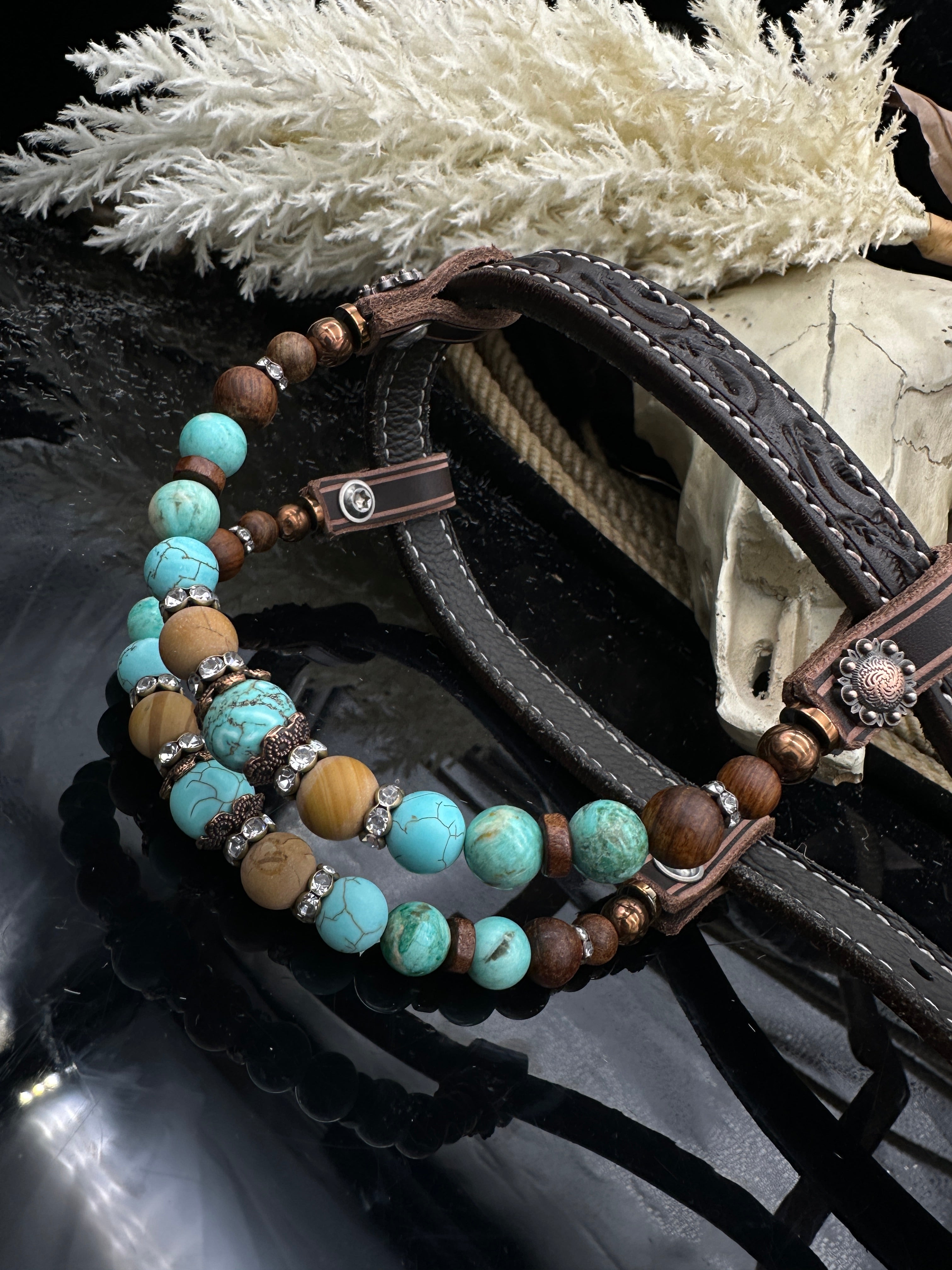 Premium | Sand & Turqoiuse   |  Dark Chestnut western hoofdstel