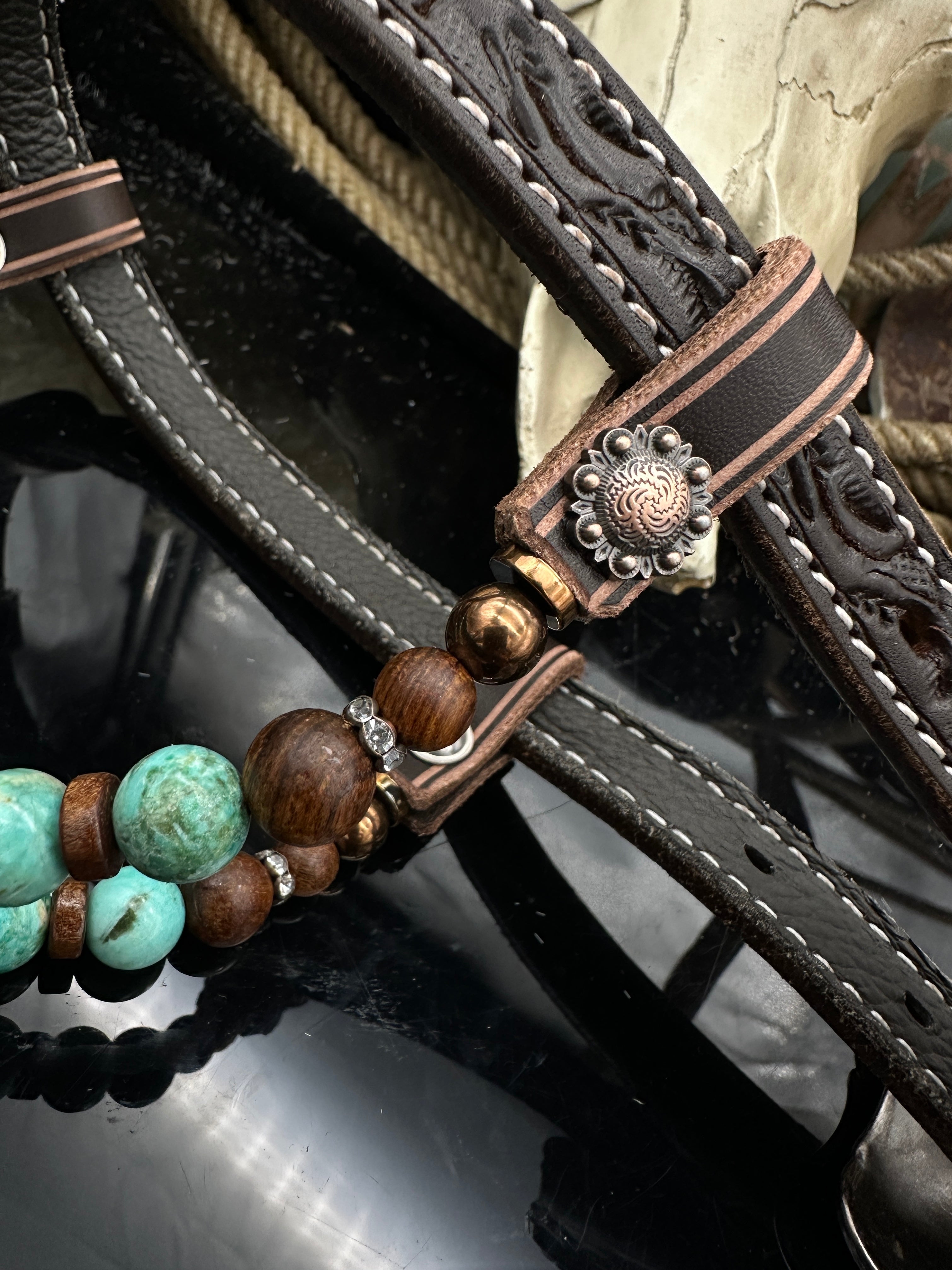Premium | Sand & Turqoiuse   |  Dark Chestnut western hoofdstel
