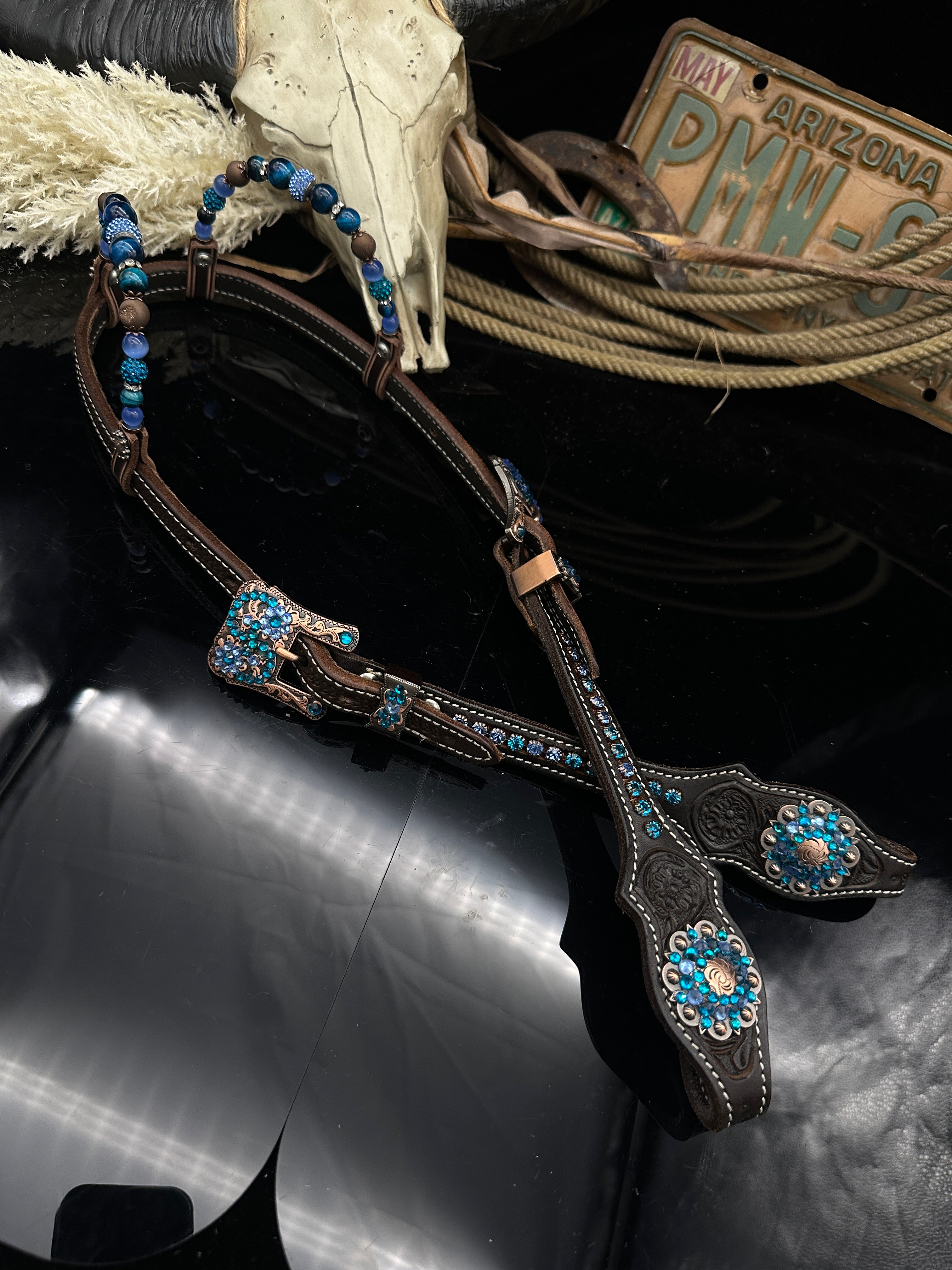 Premium | Perfect Turkoois & Bleu | Dark brown western hoofdstel