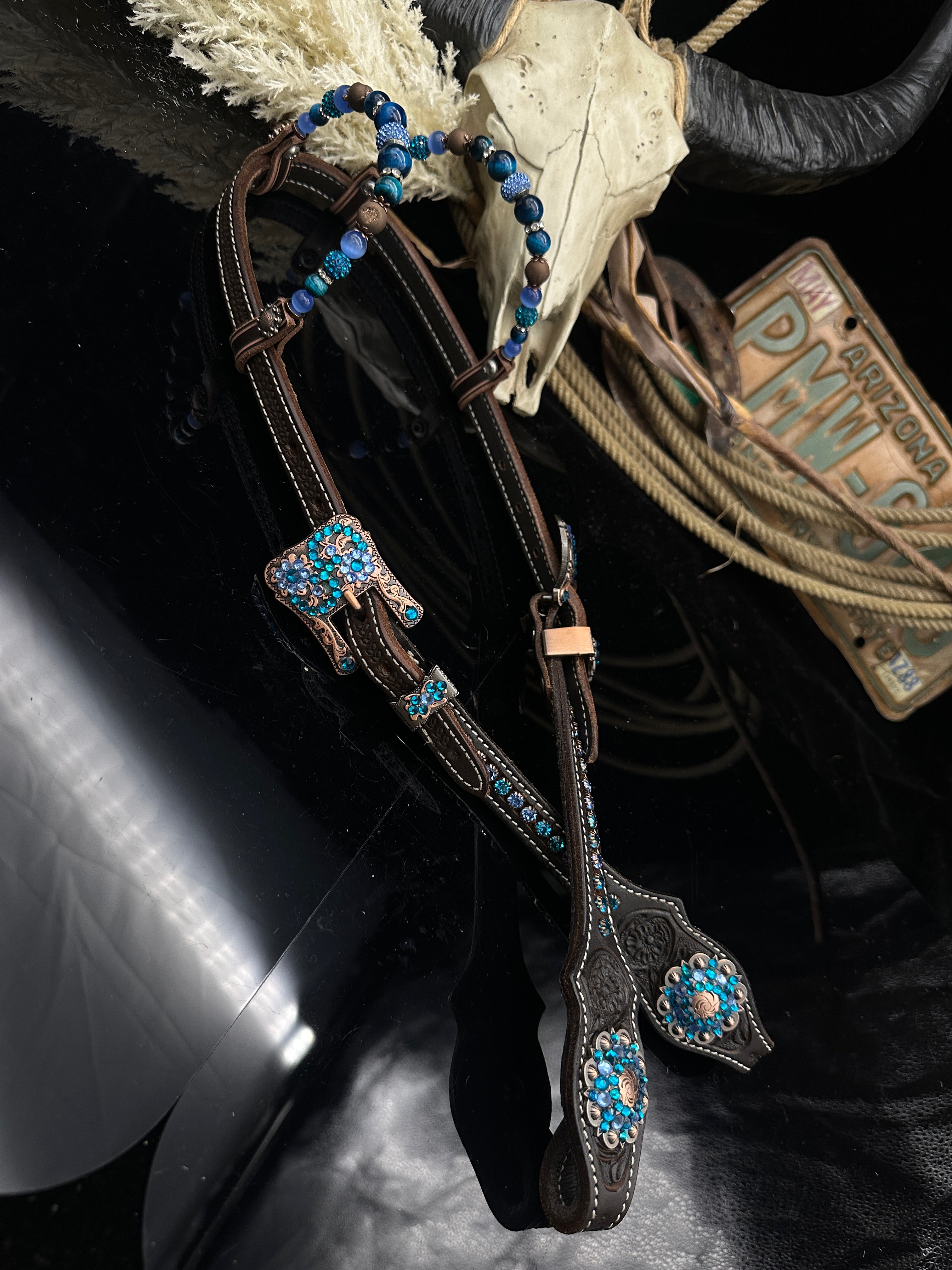 Premium | Perfect Turkoois & Bleu | Dark brown western hoofdstel