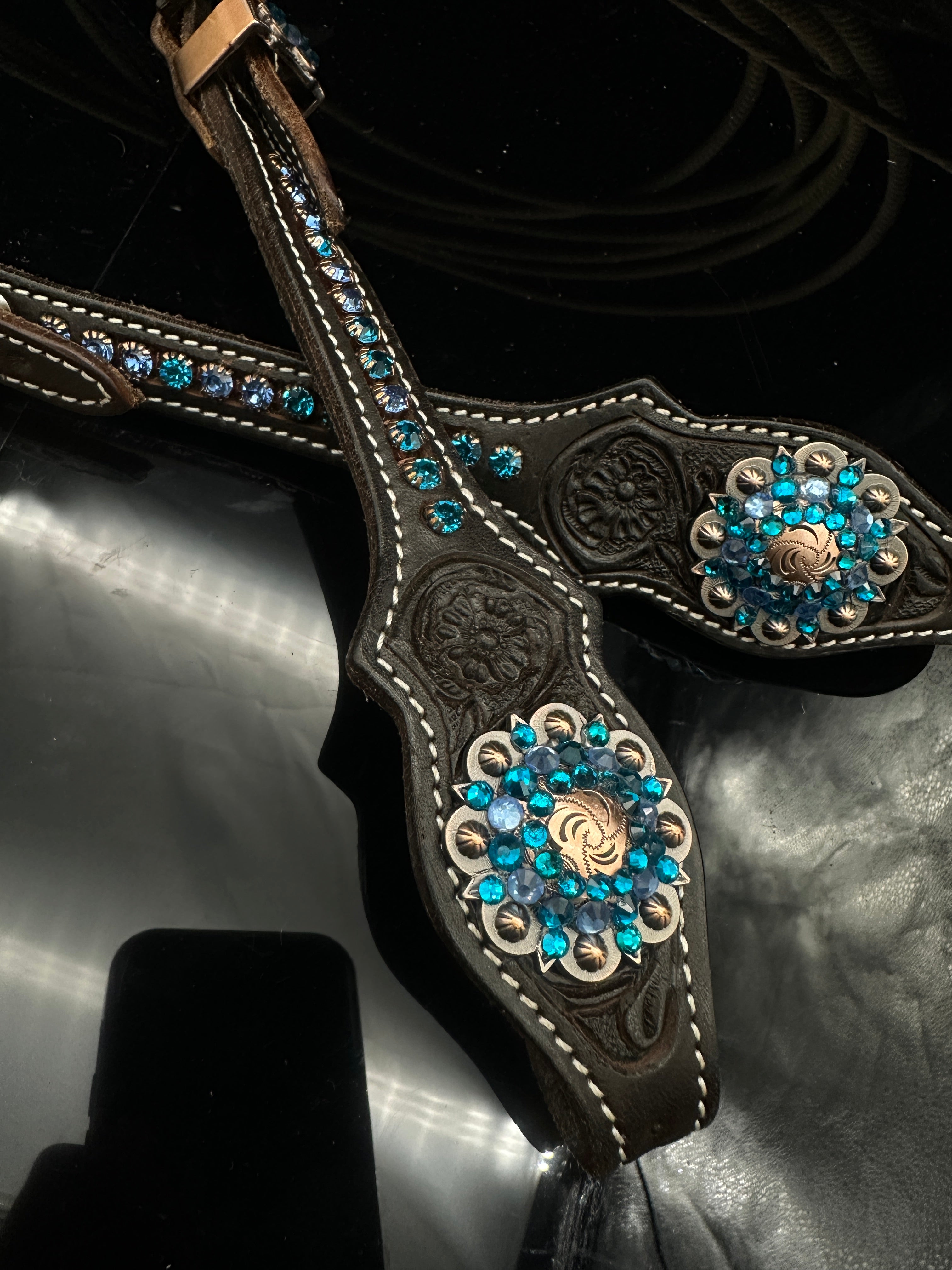Premium | Perfect Turkoois & Bleu | Dark brown western hoofdstel