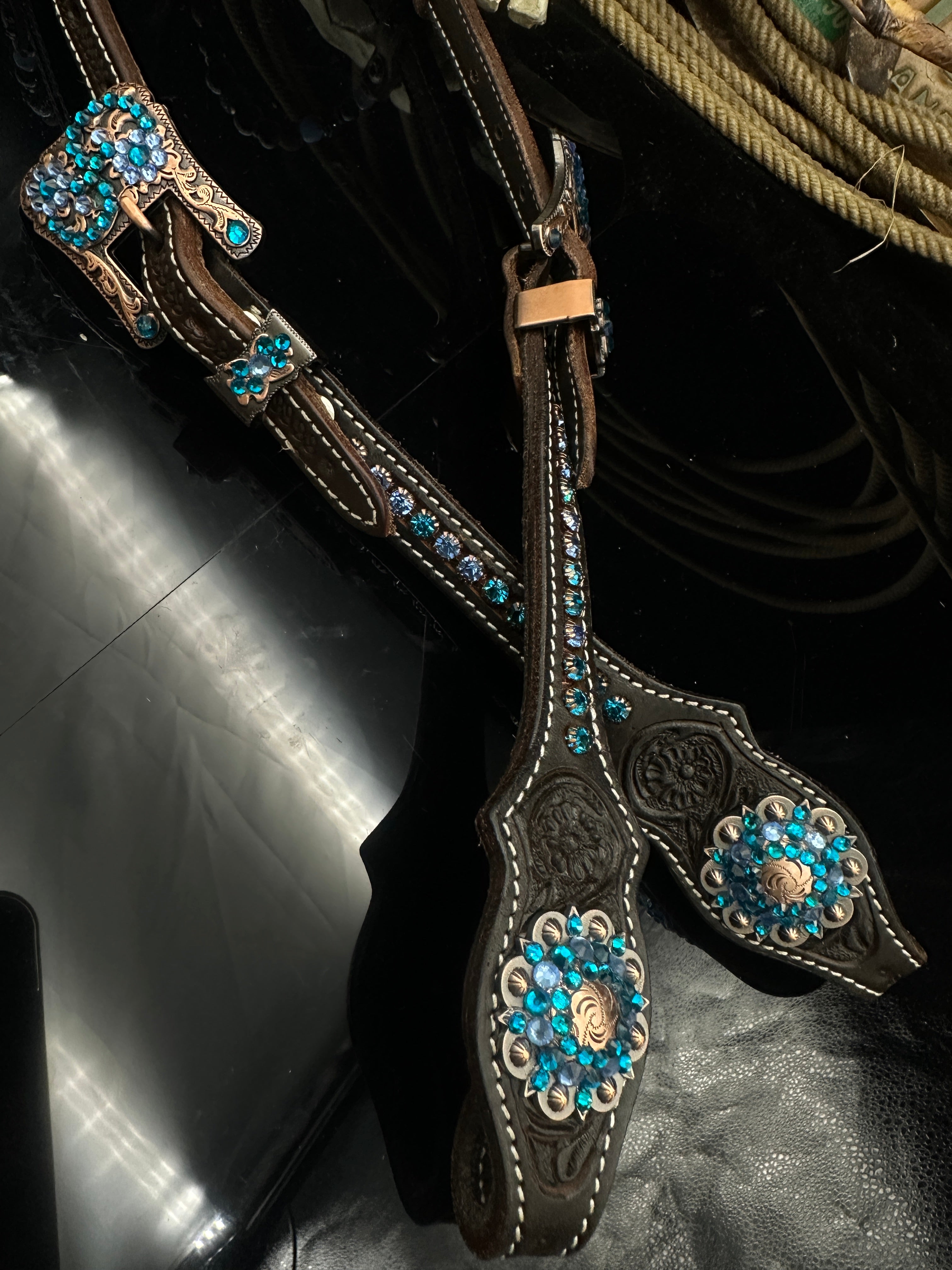 Premium | Perfect Turkoois & Bleu | Dark brown western hoofdstel