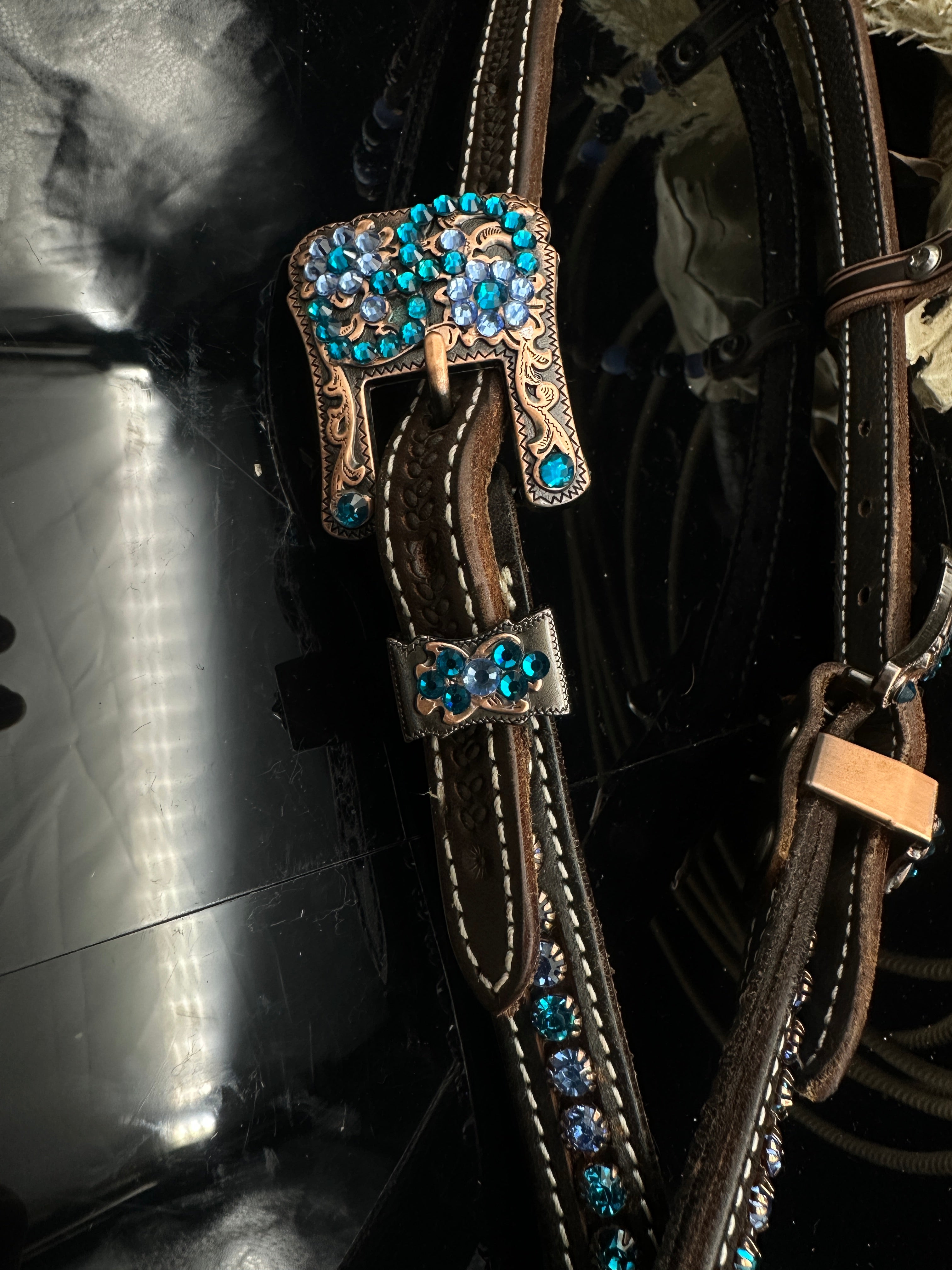 Premium | Perfect Turkoois & Bleu | Dark brown western hoofdstel