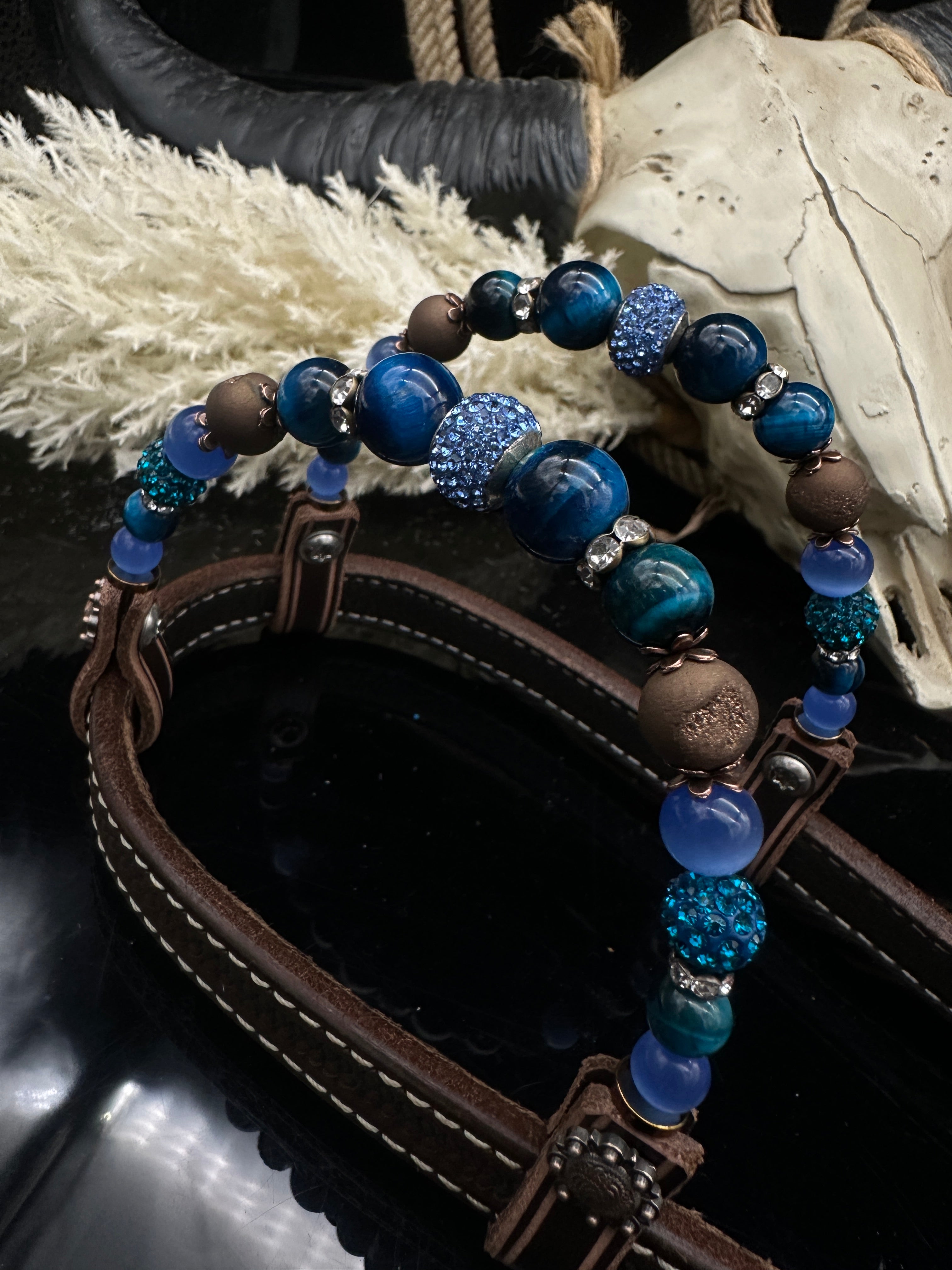 Premium | Perfect Turkoois & Bleu | Dark brown western hoofdstel