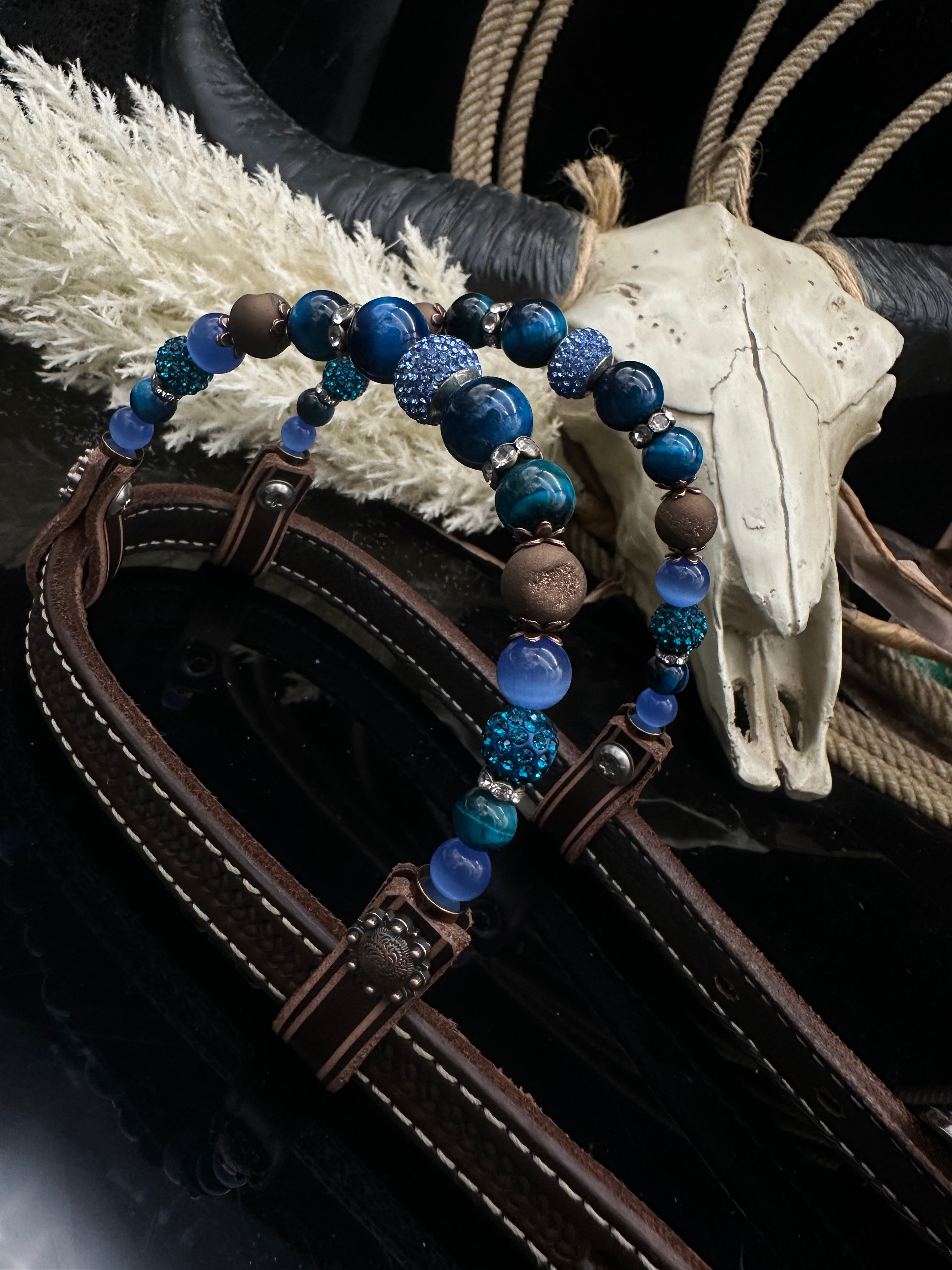 Premium | Perfect Turkoois & Bleu | Dark brown western hoofdstel