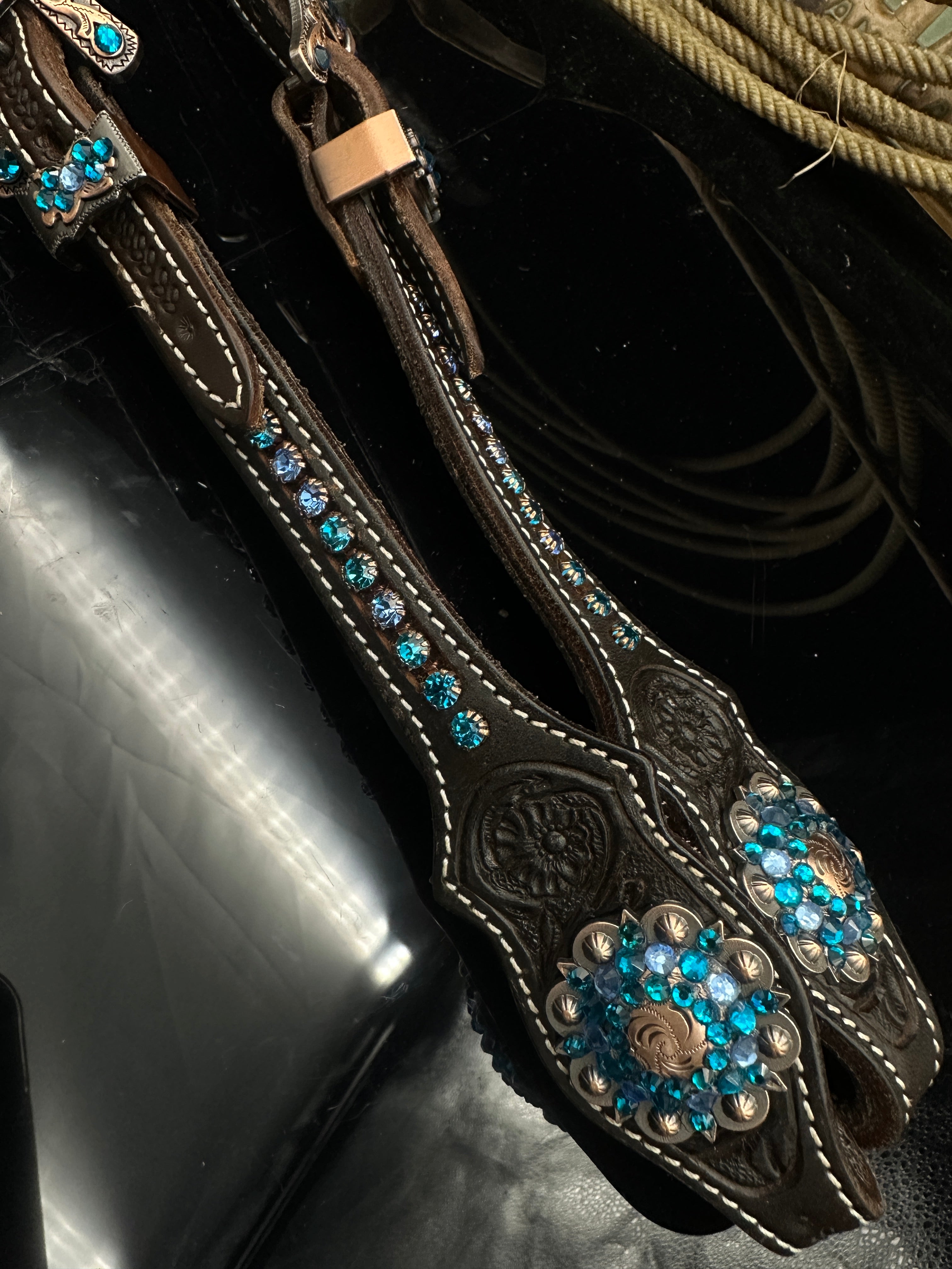 Premium | Perfect Turkoois & Bleu | Dark brown western hoofdstel