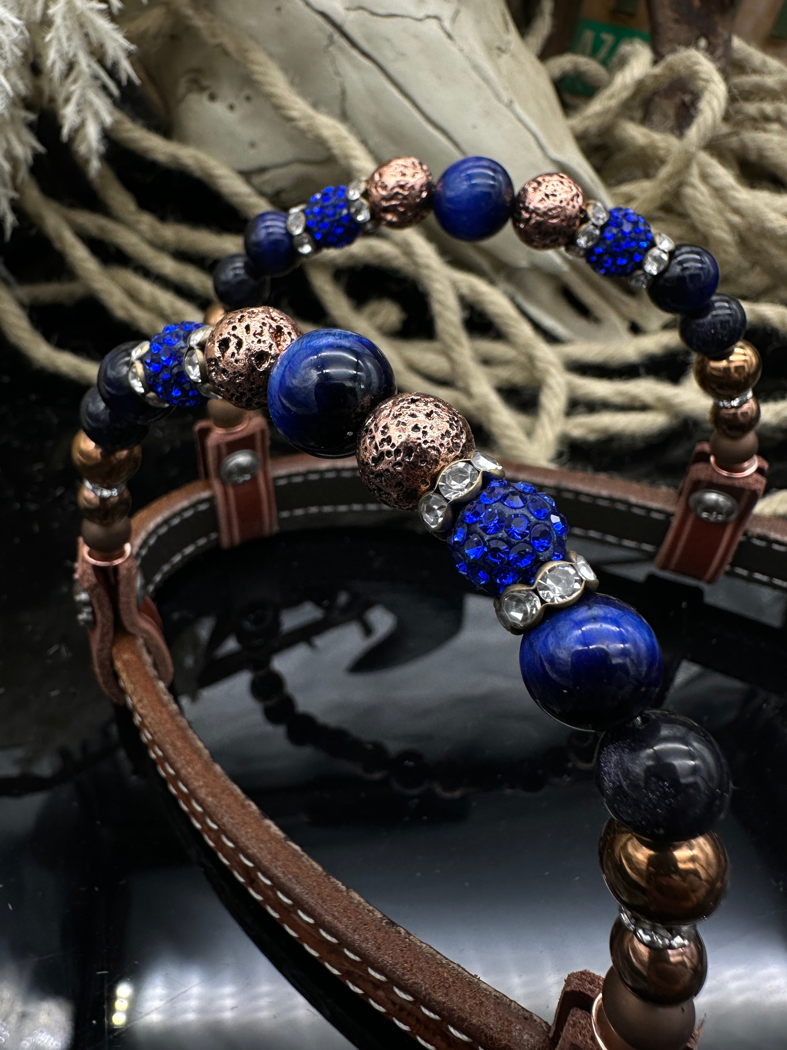 Premium | Chestnut flower tooled western hoofdstel  | Copper & Blue