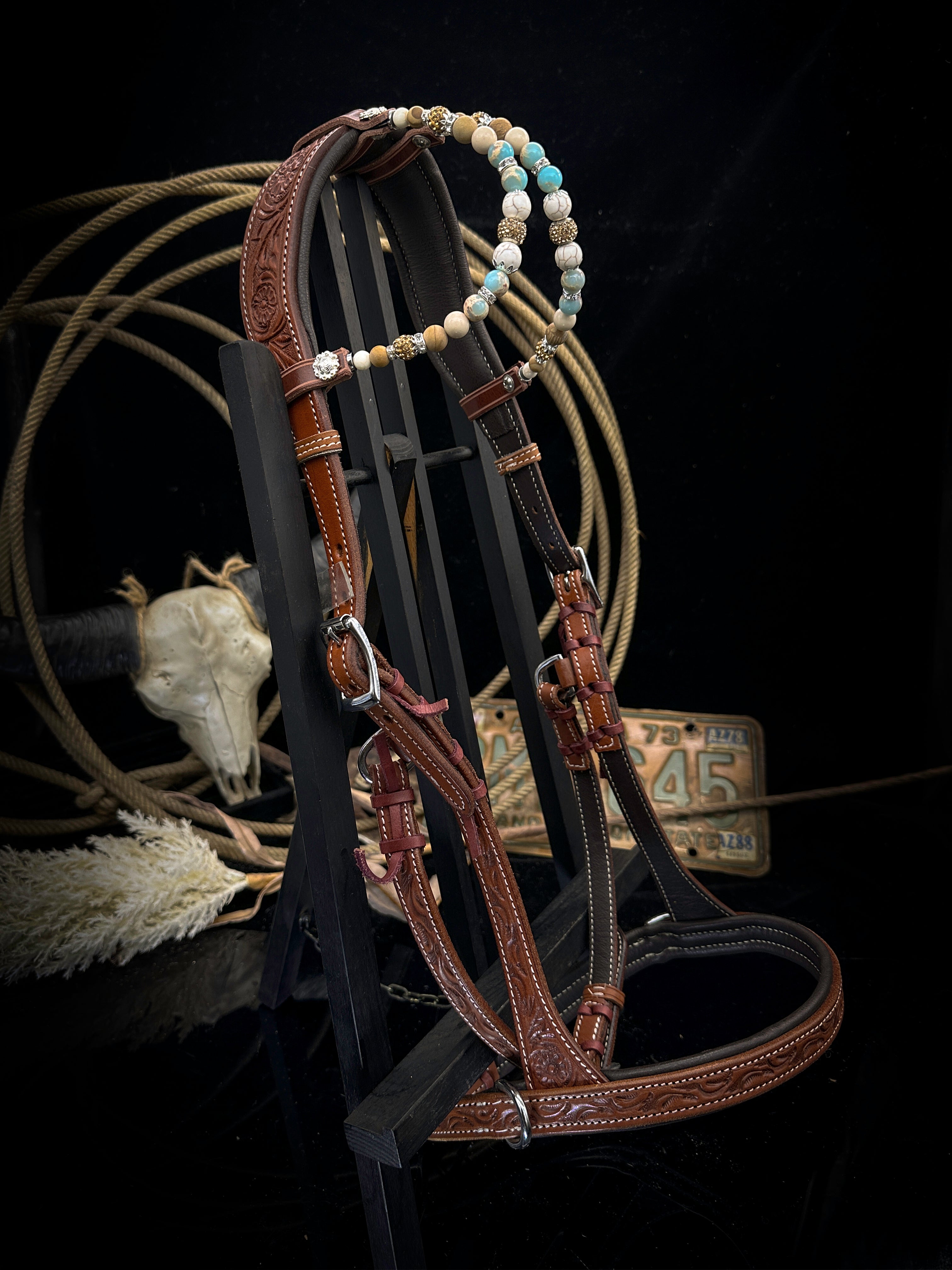Premium | Anatomische Sidepull western hoofdstel |  Turkoois & Shoushan