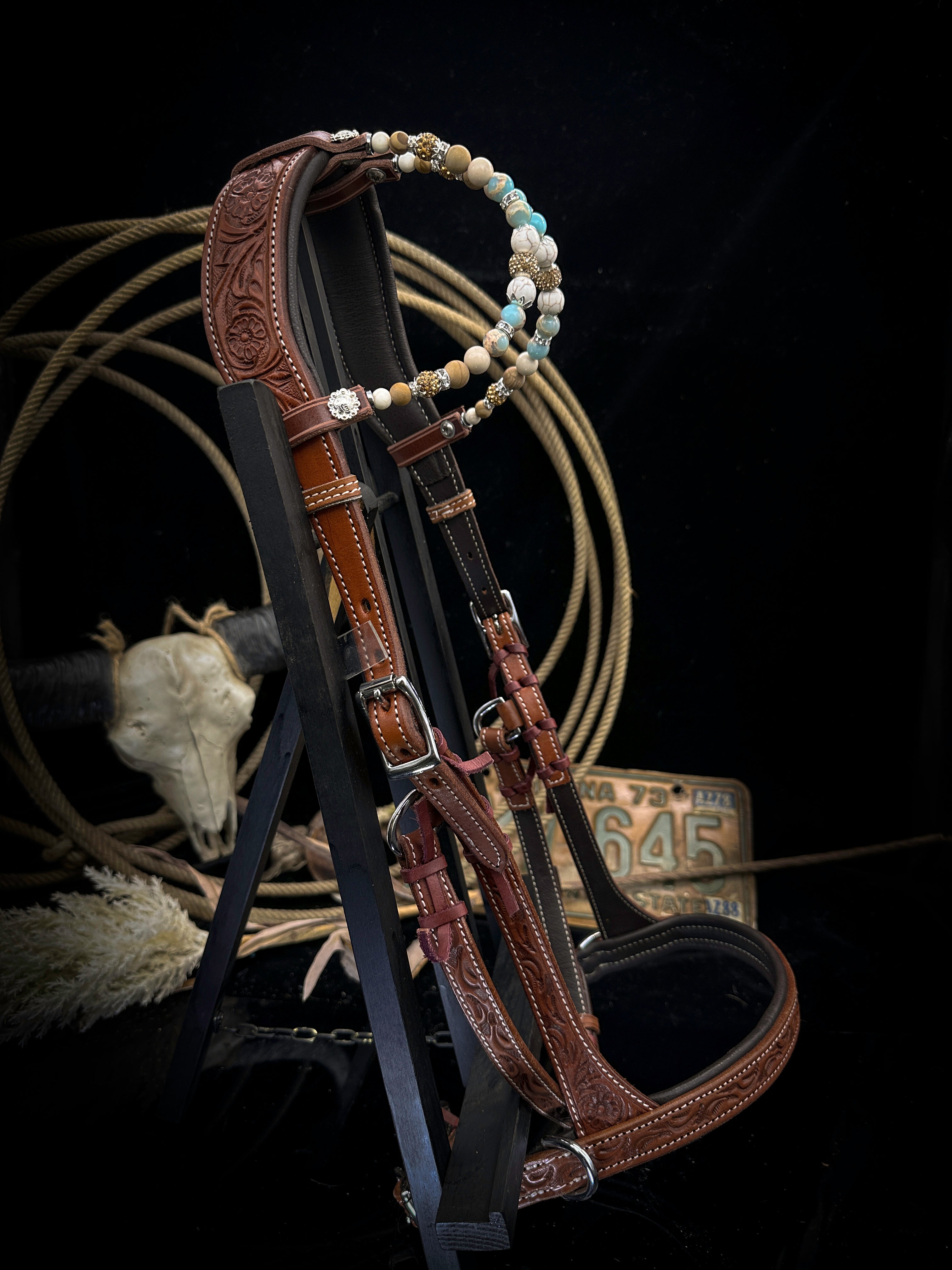 Premium | Anatomische Sidepull western hoofdstel |  Turkoois & Shoushan