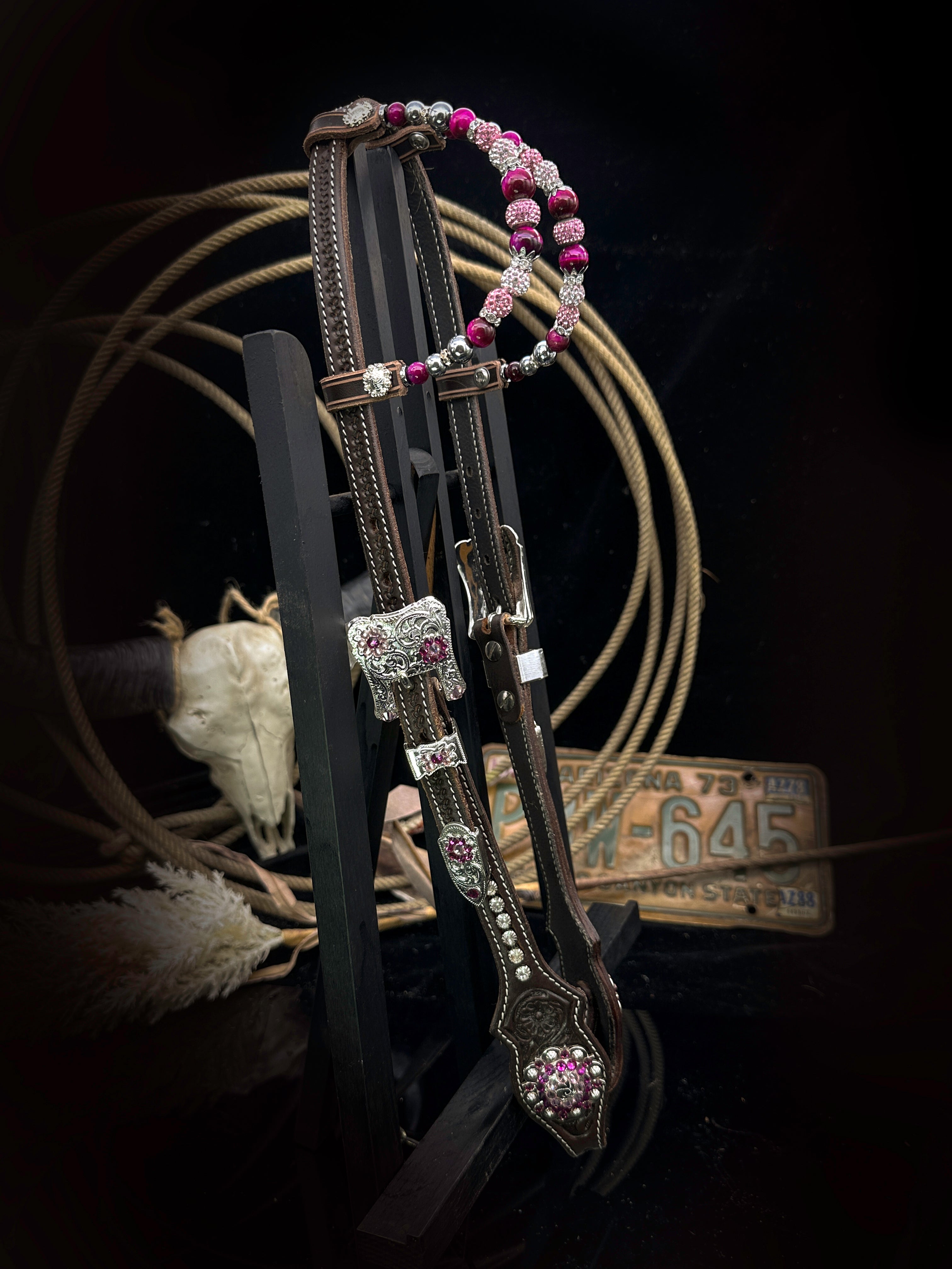 Premium | dark brown floral western  hoofdstel | Silver & pink
