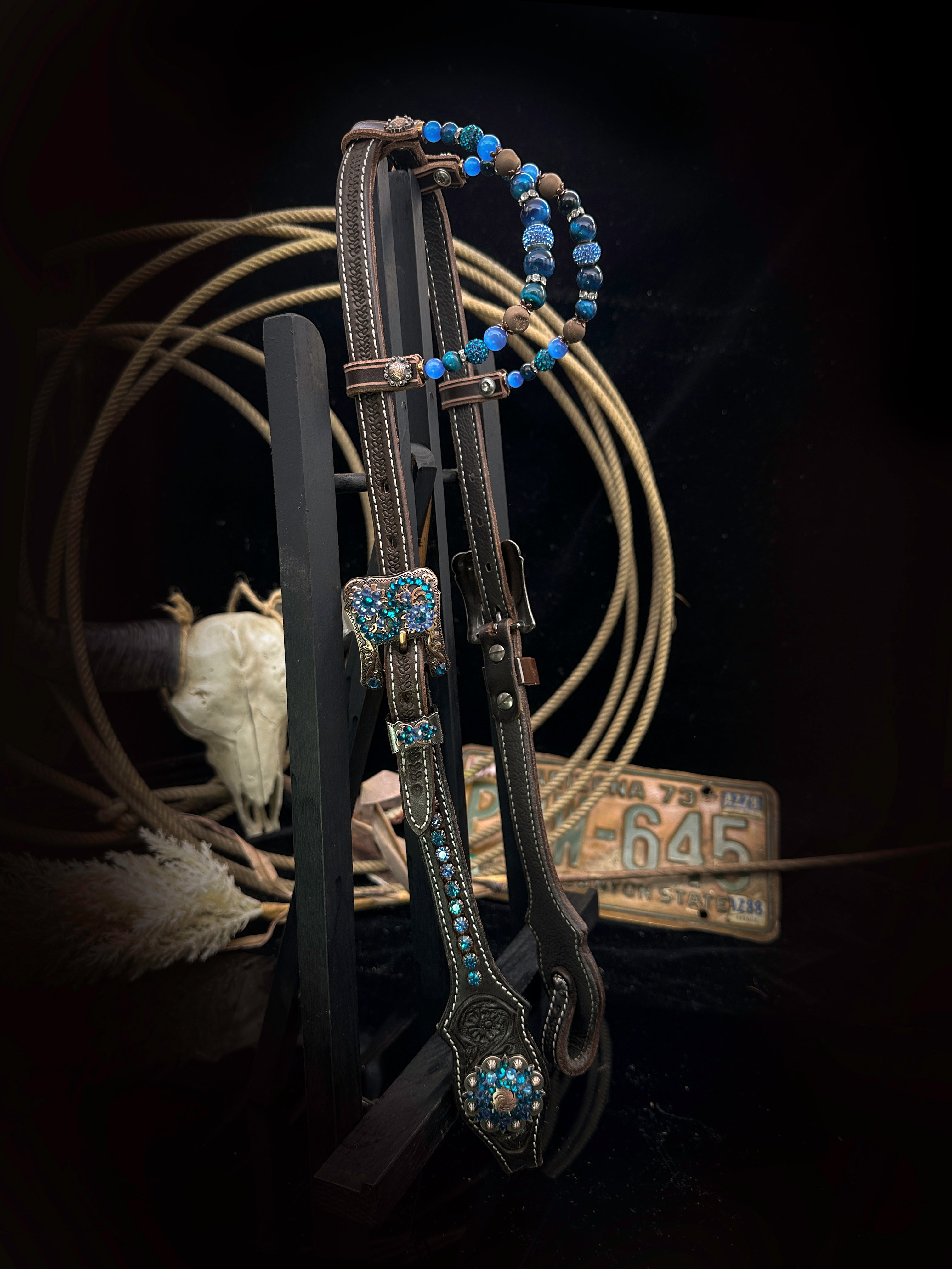 Premium | Dark brown western hoofdstel | Perfect Turkoois & Bleu