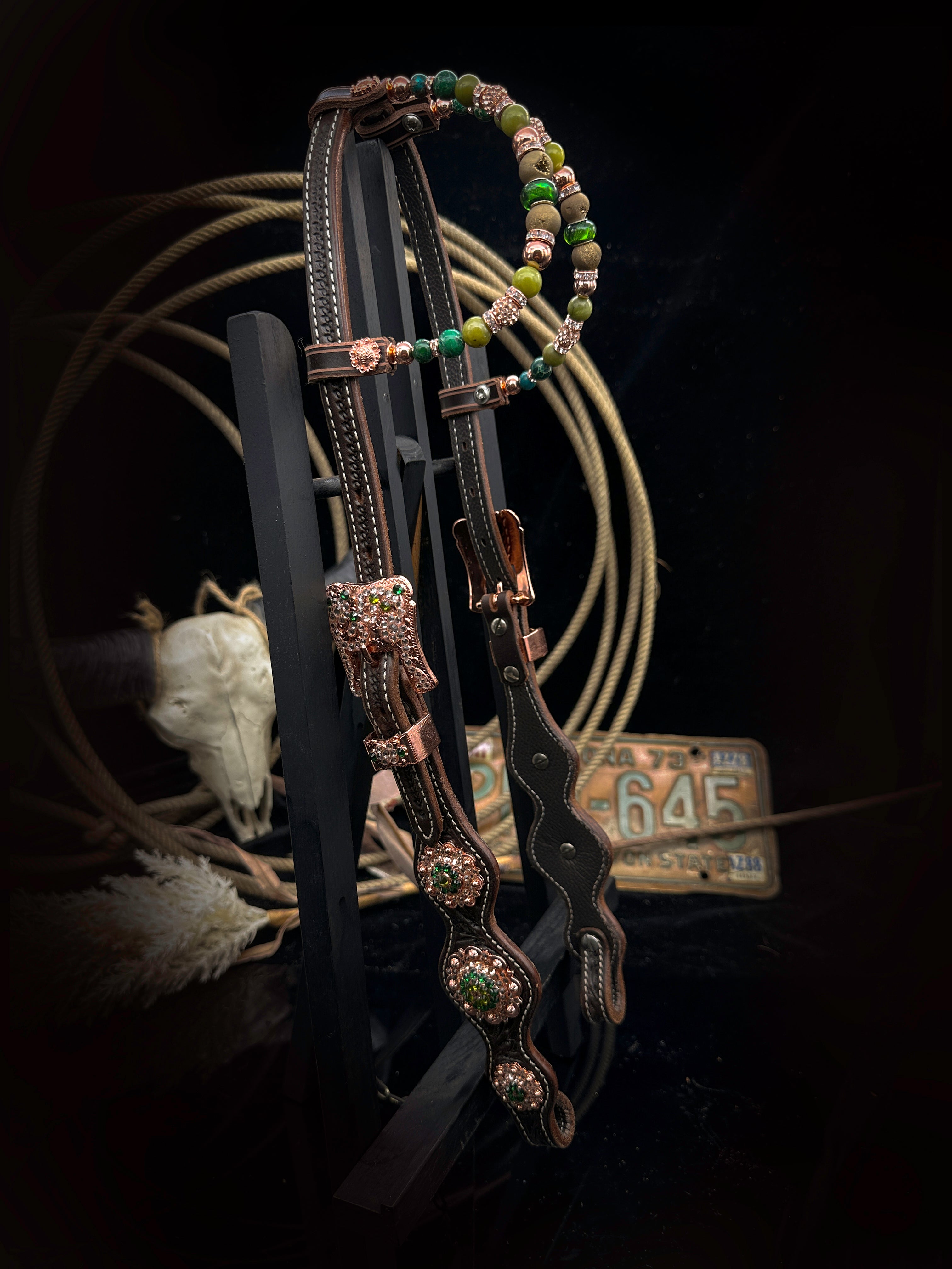 Sierra Sunset | Premium western Hoofdstel | Dark brown rose gold & green